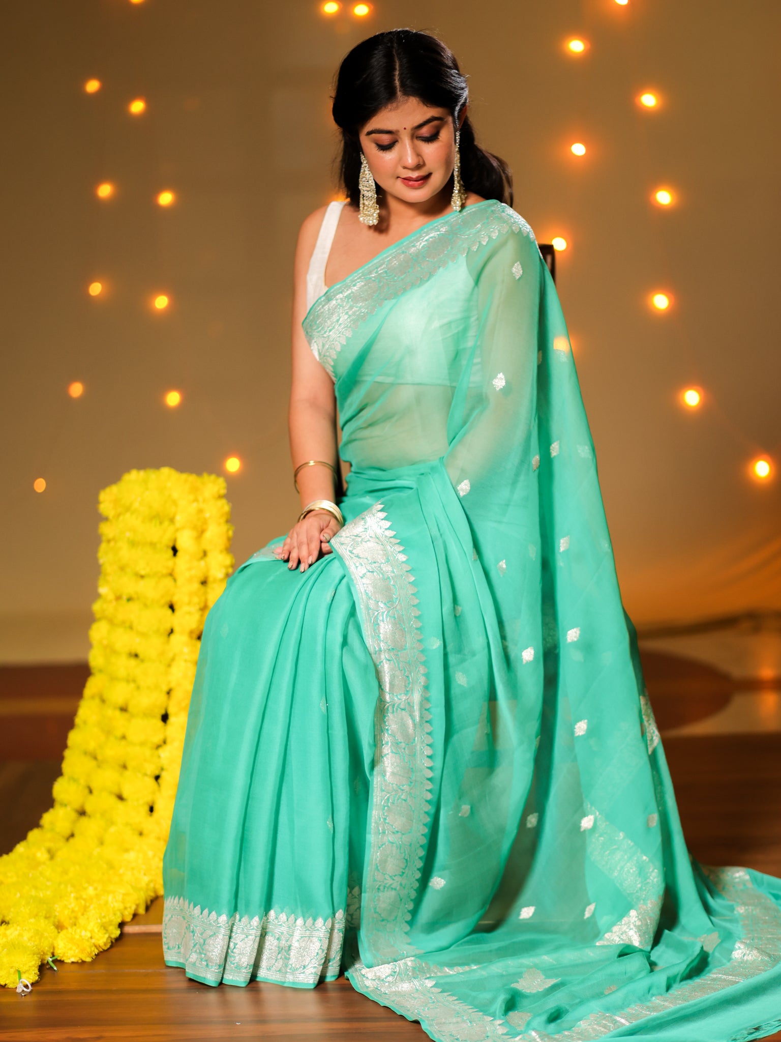 Banarasi Pure Khaddi Georgette Saree With Buti Weaving- Aqua Blue