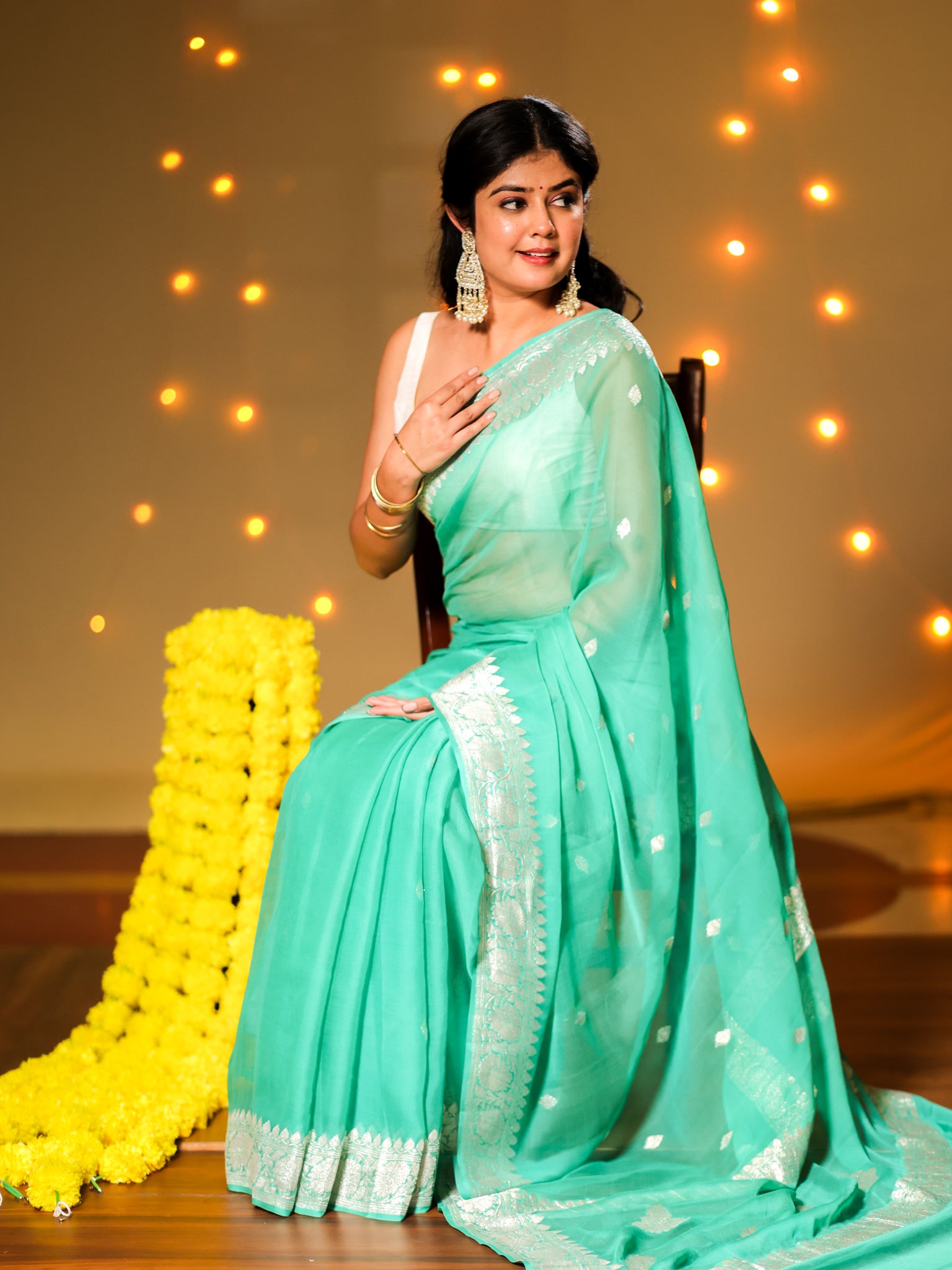 Banarasi Pure Khaddi Georgette Saree With Buti Weaving- Aqua Blue