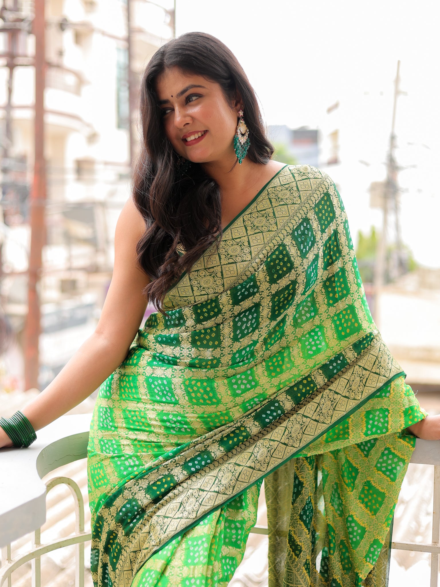 Green Pure Banarasi Georgette Bandhej Saree with Zari Jaal Weaving