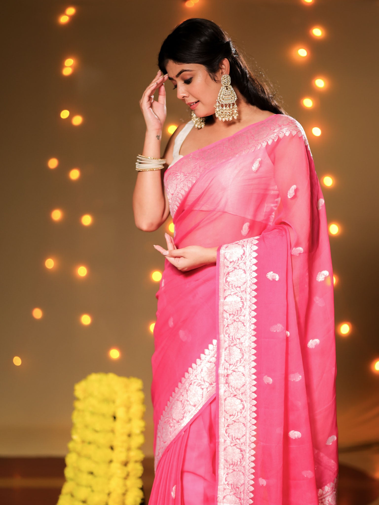 Banarasi Pure Khaddi Georgette Saree With Buti Weaving- Pink
