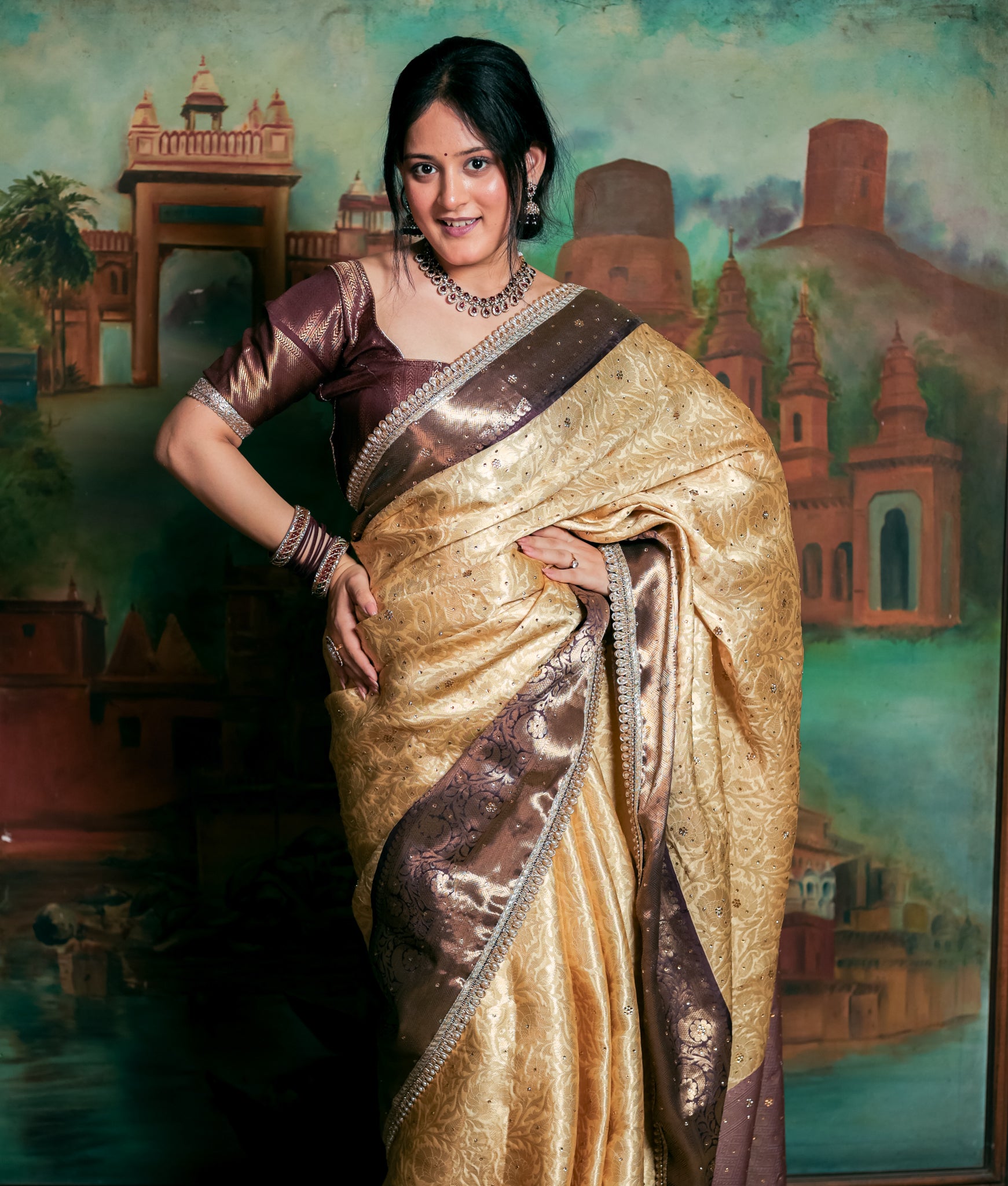 Banarasi Tissue Saree with Zari Weaving & Contrast Border With Lace- Beige