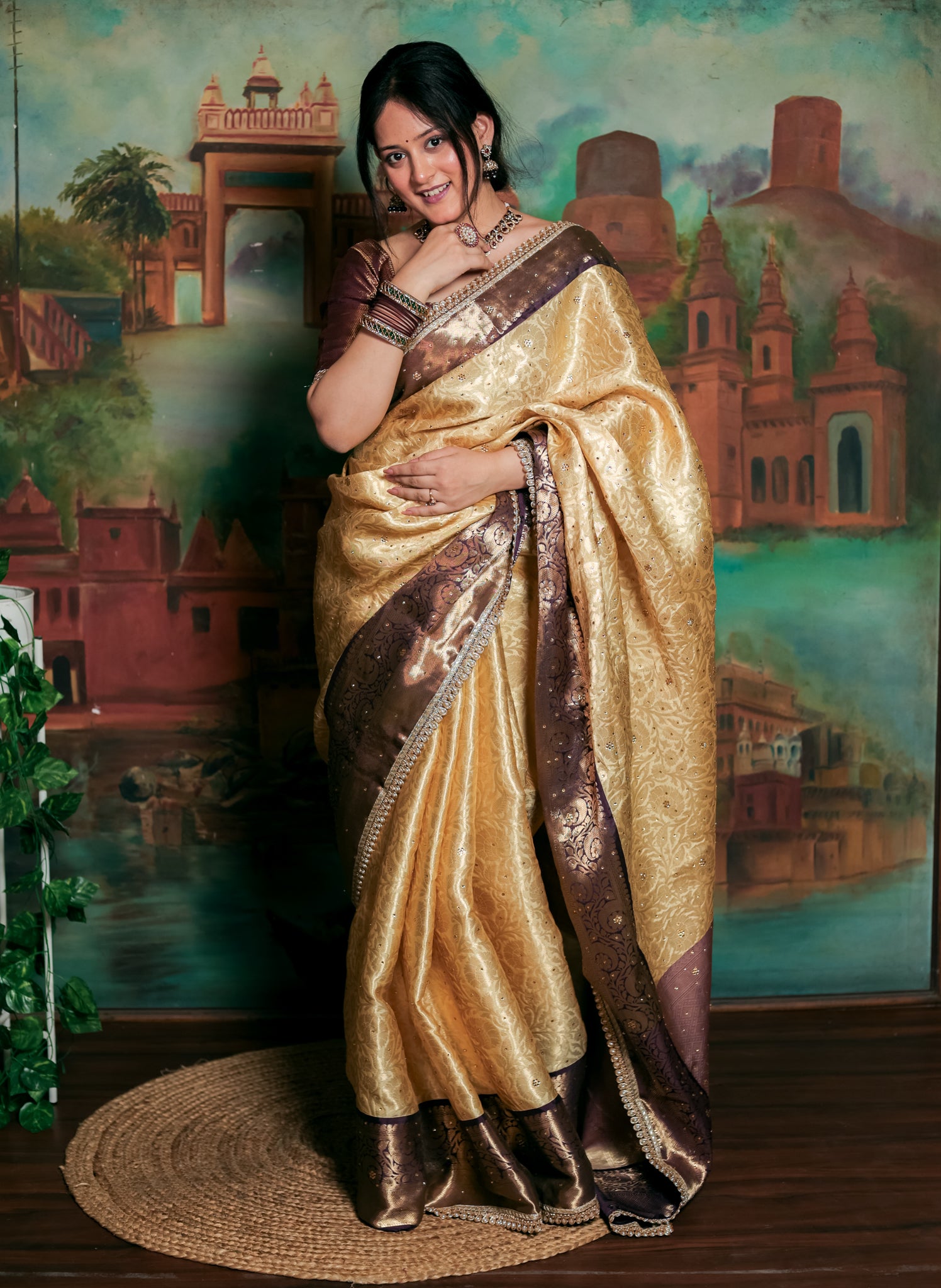 Banarasi Tissue Saree with Zari Weaving & Contrast Border With Lace- Beige