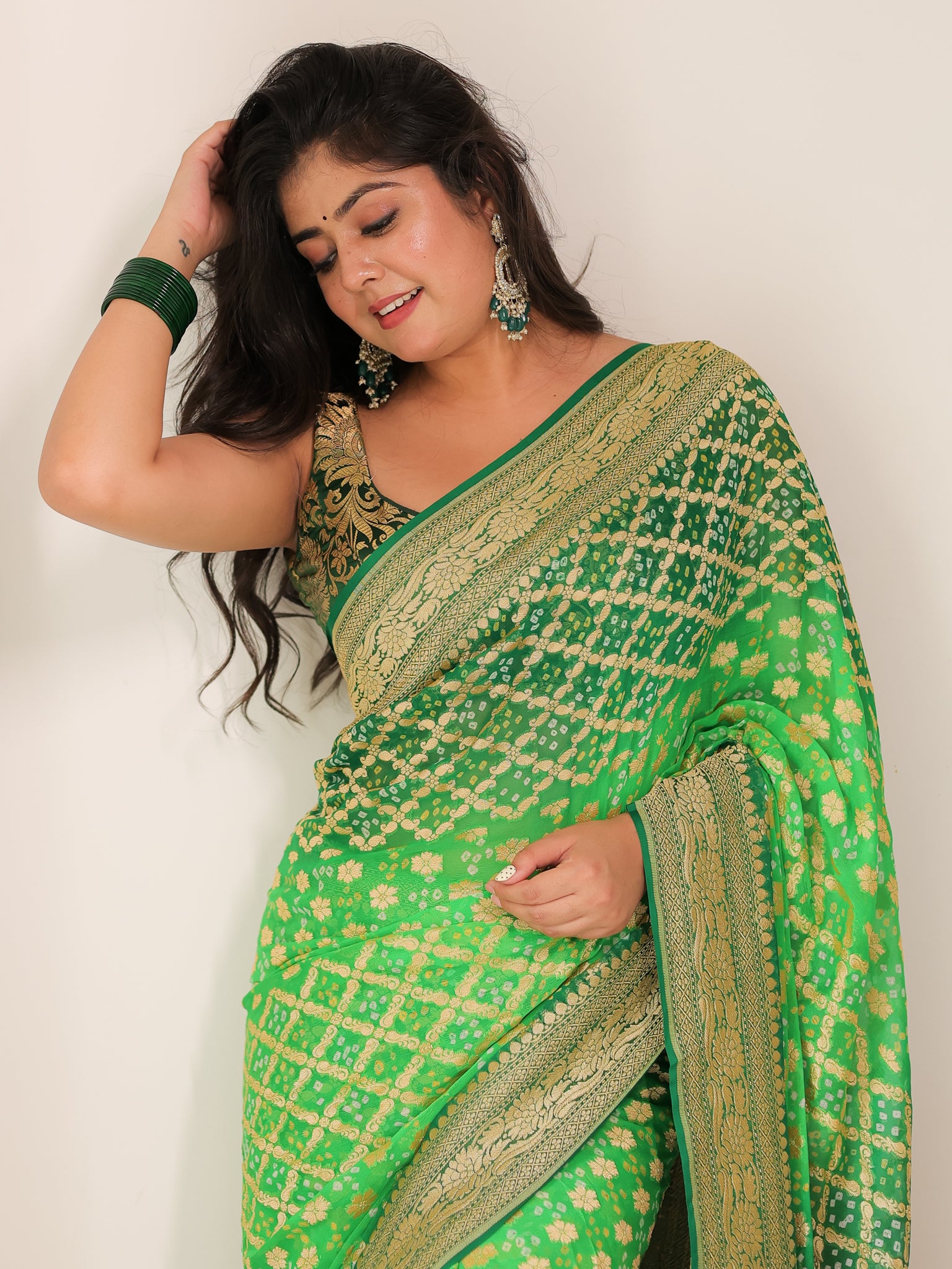 Green handloom Pure Banarasi Georgette Bandhej Saree with Zari Jaal Weaving