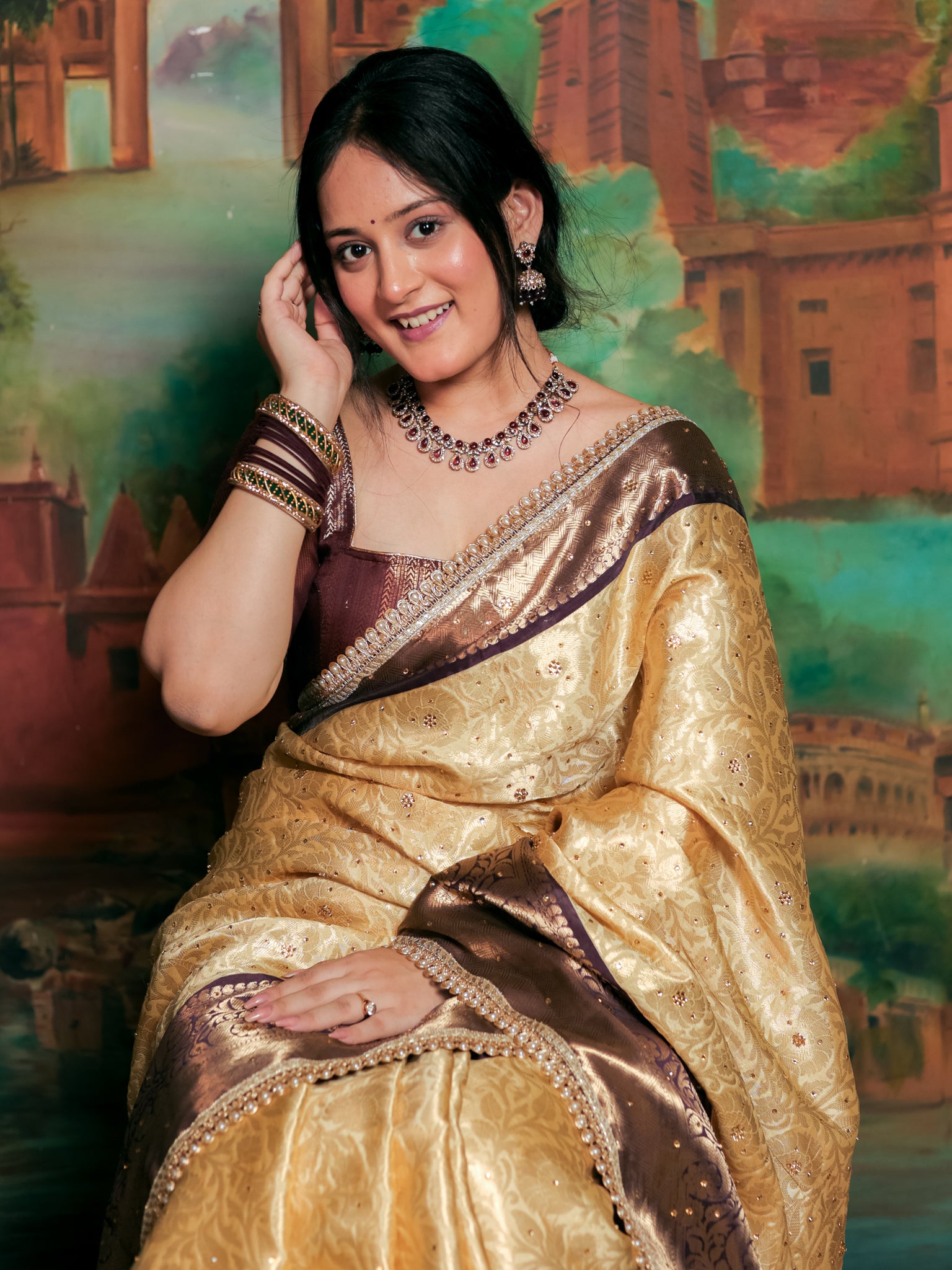 Banarasi Tissue Saree with Zari Weaving & Contrast Border With Lace- Beige