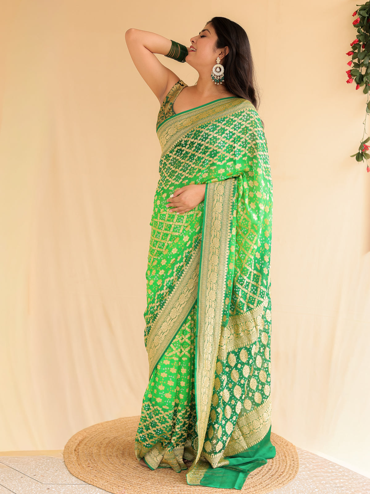 Green handloom Pure Banarasi Georgette Bandhej Saree with Zari Jaal Weaving