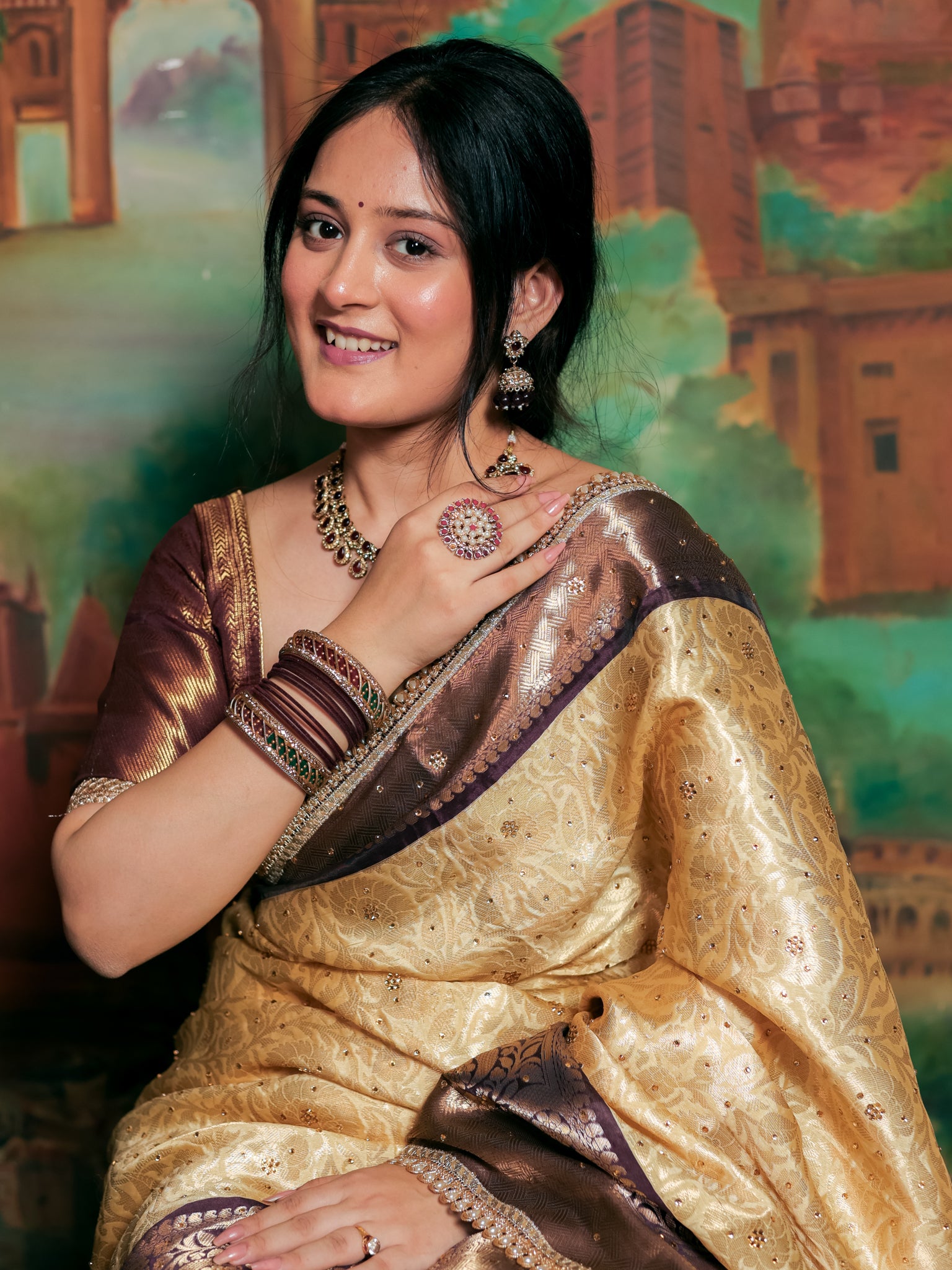 Banarasi Tissue Saree with Zari Weaving & Contrast Border With Lace- Beige