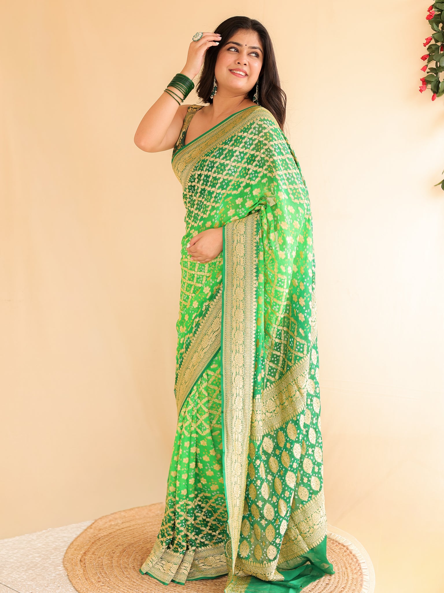 Green handloom Pure Banarasi Georgette Bandhej Saree with Zari Jaal Weaving