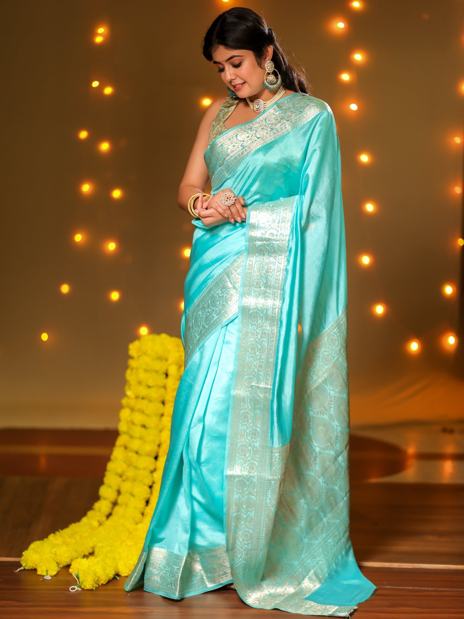 Banarasi Plain Silk Saree With Weaving- Aqua Blue