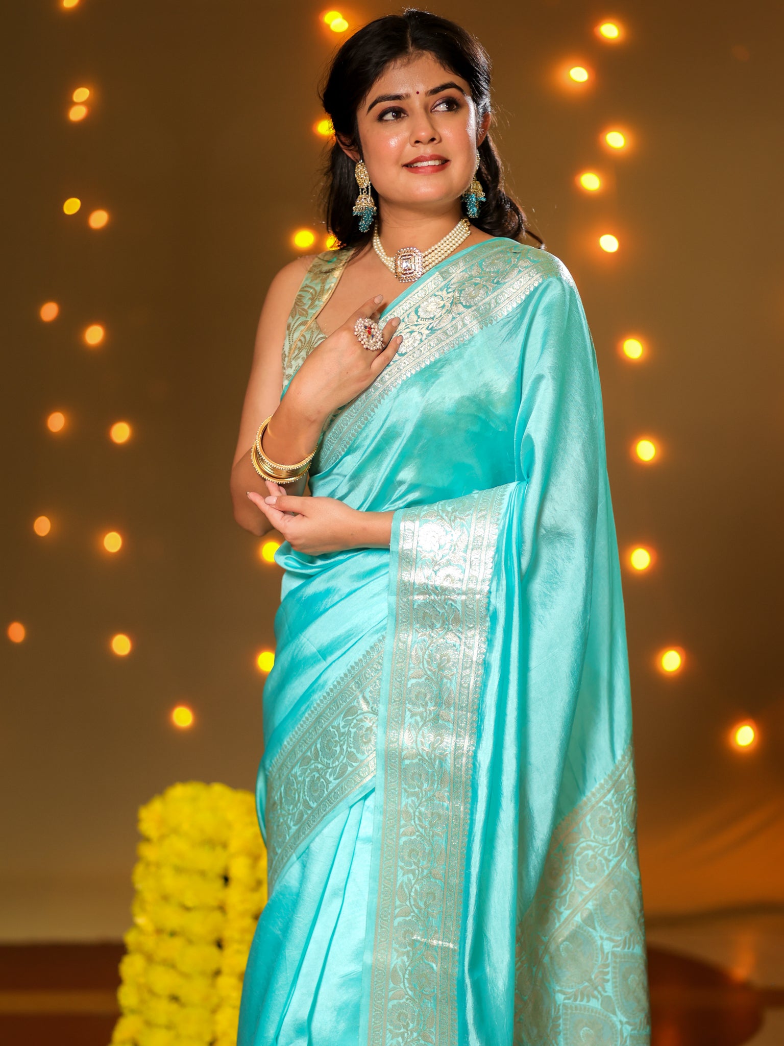 Banarasi Plain Silk Saree With Weaving- Aqua Blue