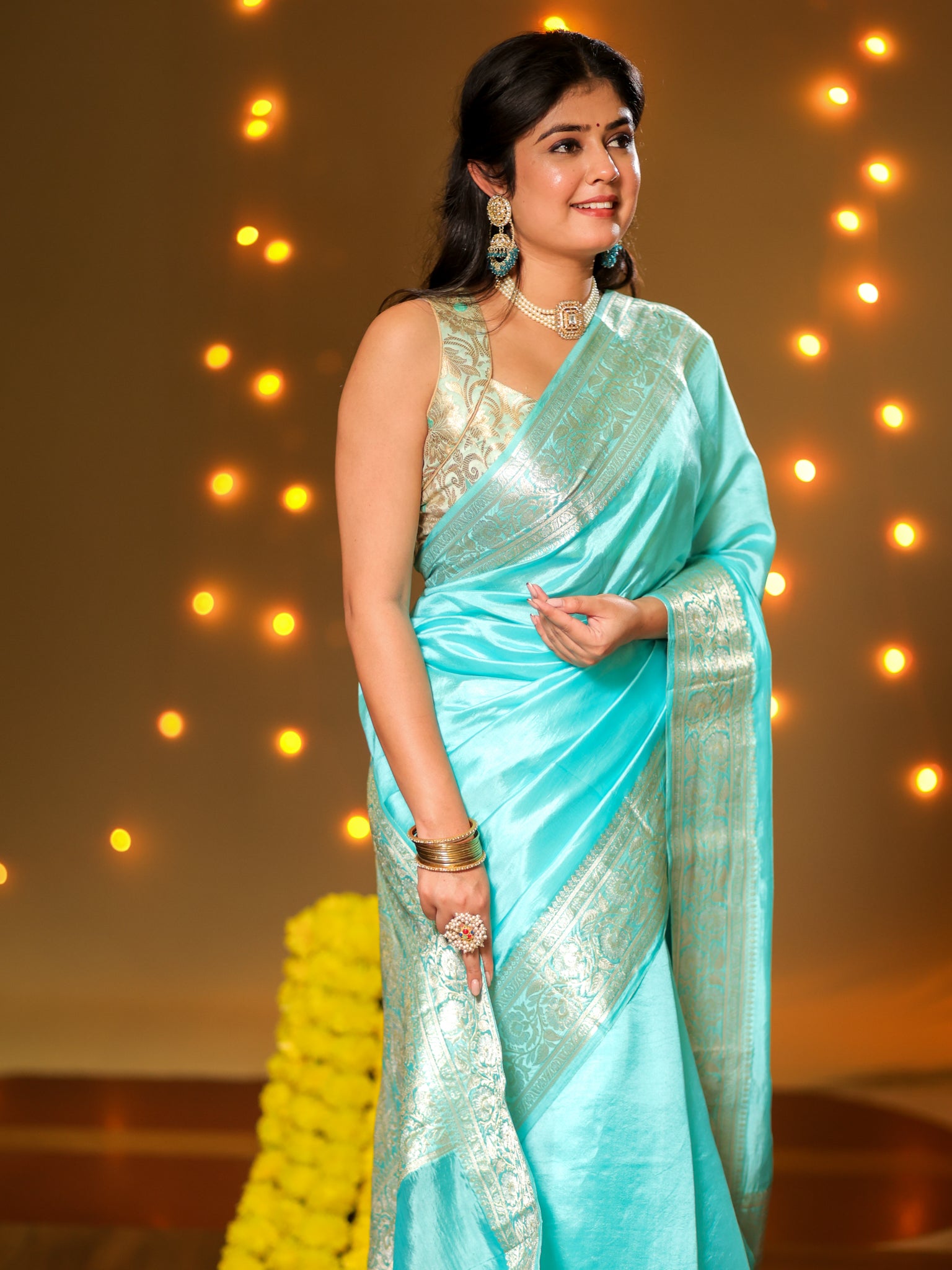 Banarasi Plain Silk Saree With Weaving- Aqua Blue