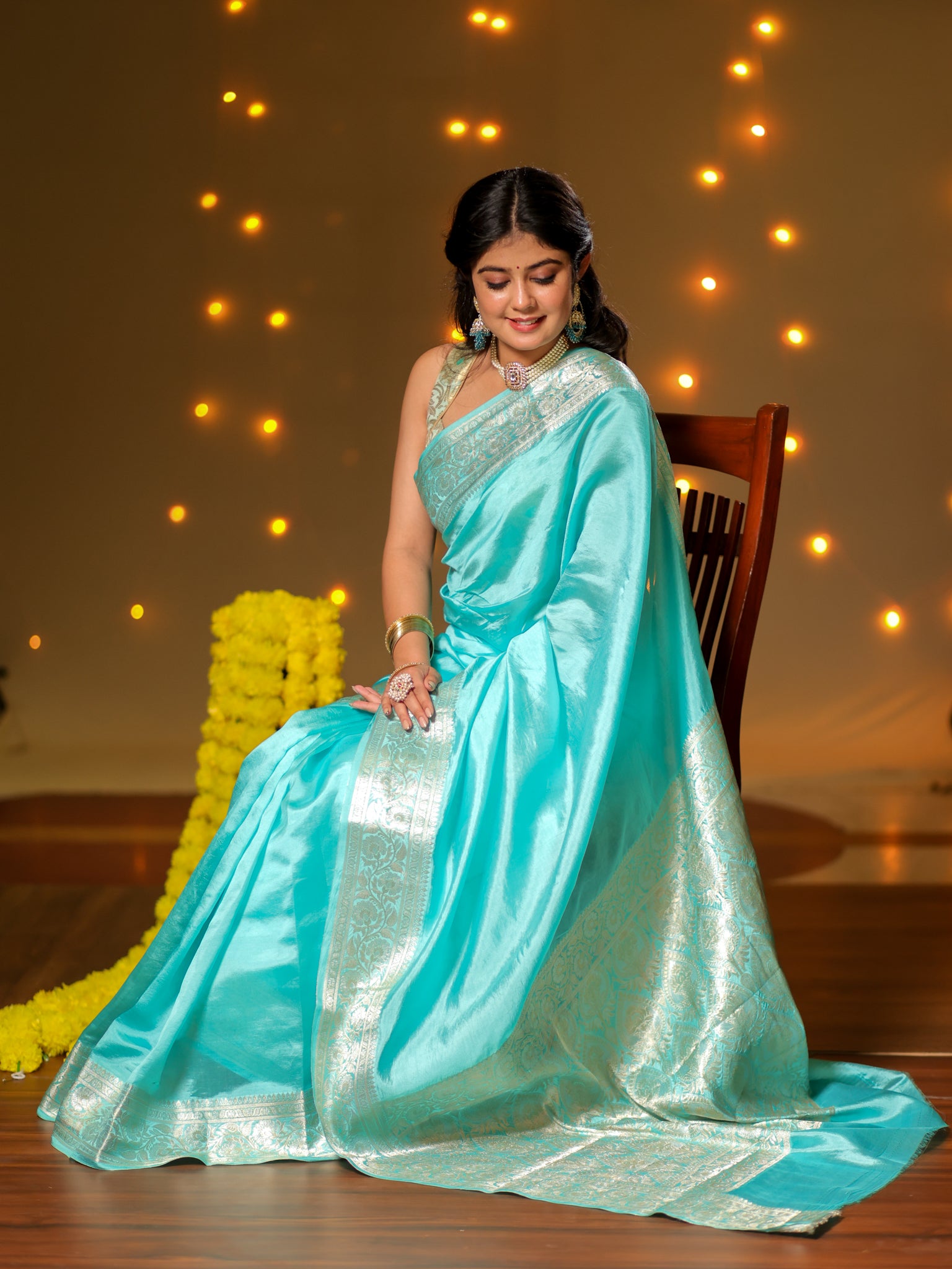Banarasi Plain Silk Saree With Weaving- Aqua Blue