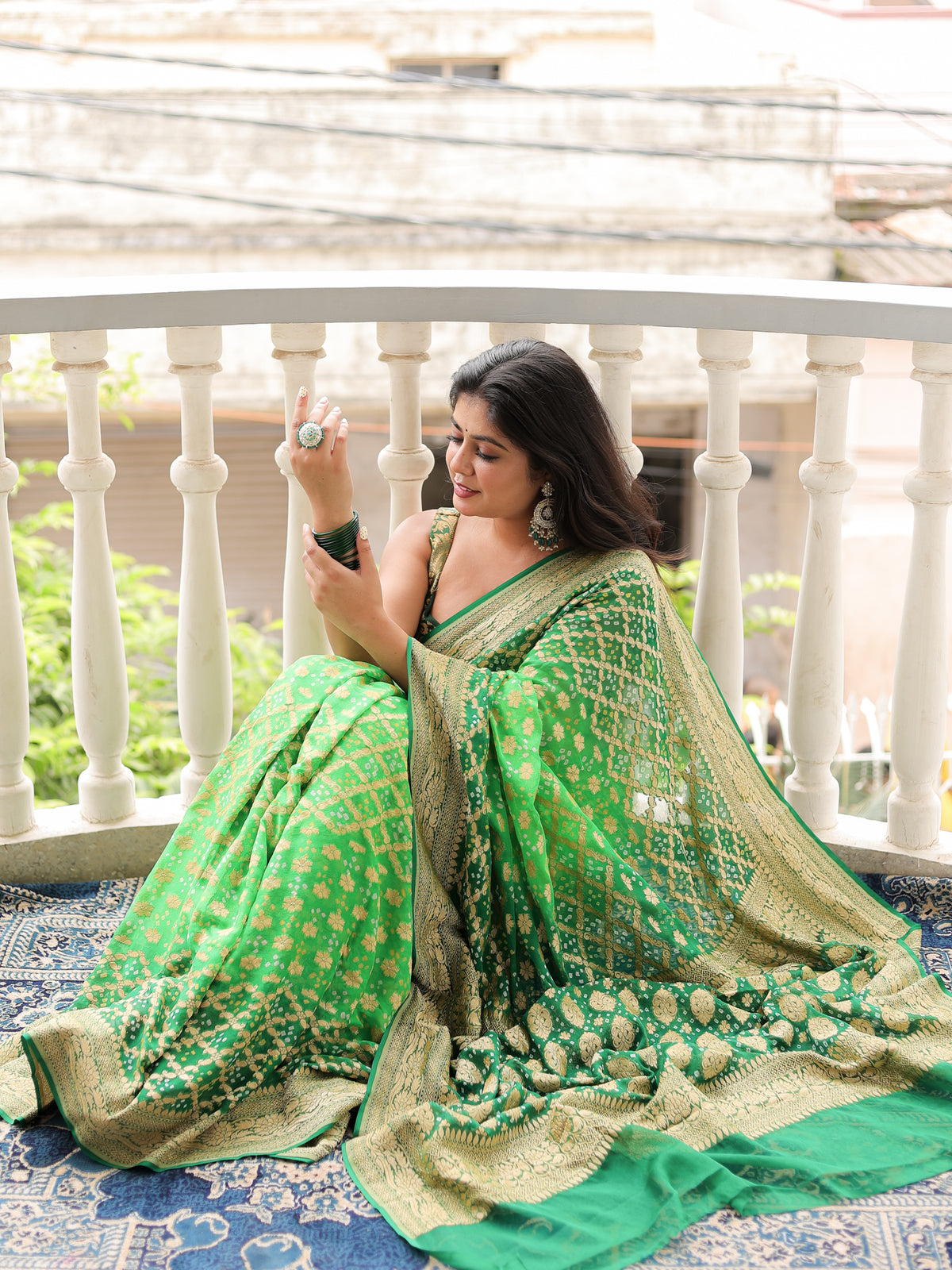Green handloom Pure Banarasi Georgette Bandhej Saree with Zari Jaal Weaving