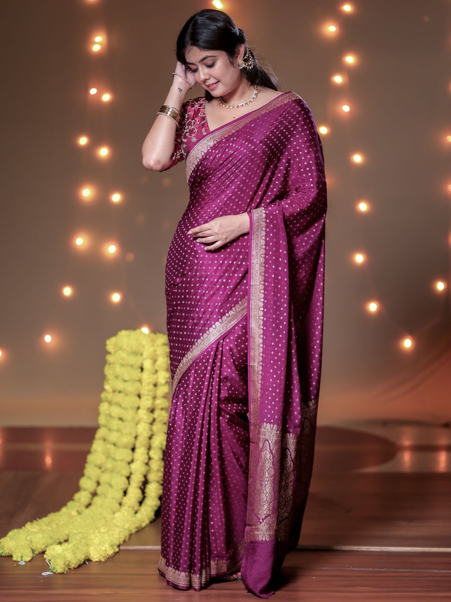 Banarasi Pure Khaddi Georgette Saree With Antique Zari Buti  Weaving- Purple