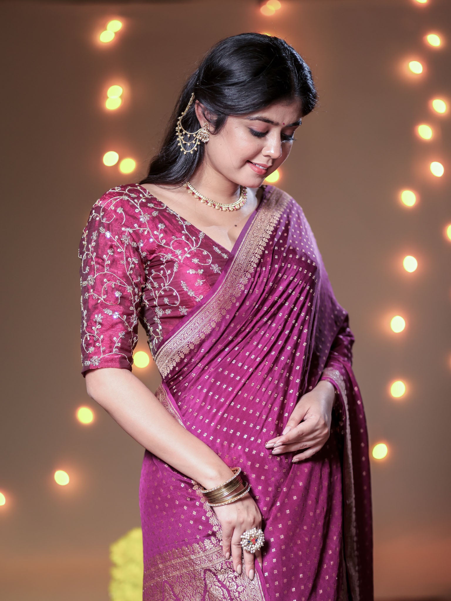 Banarasi Pure Khaddi Georgette Saree With Antique Zari Buti  Weaving- Purple