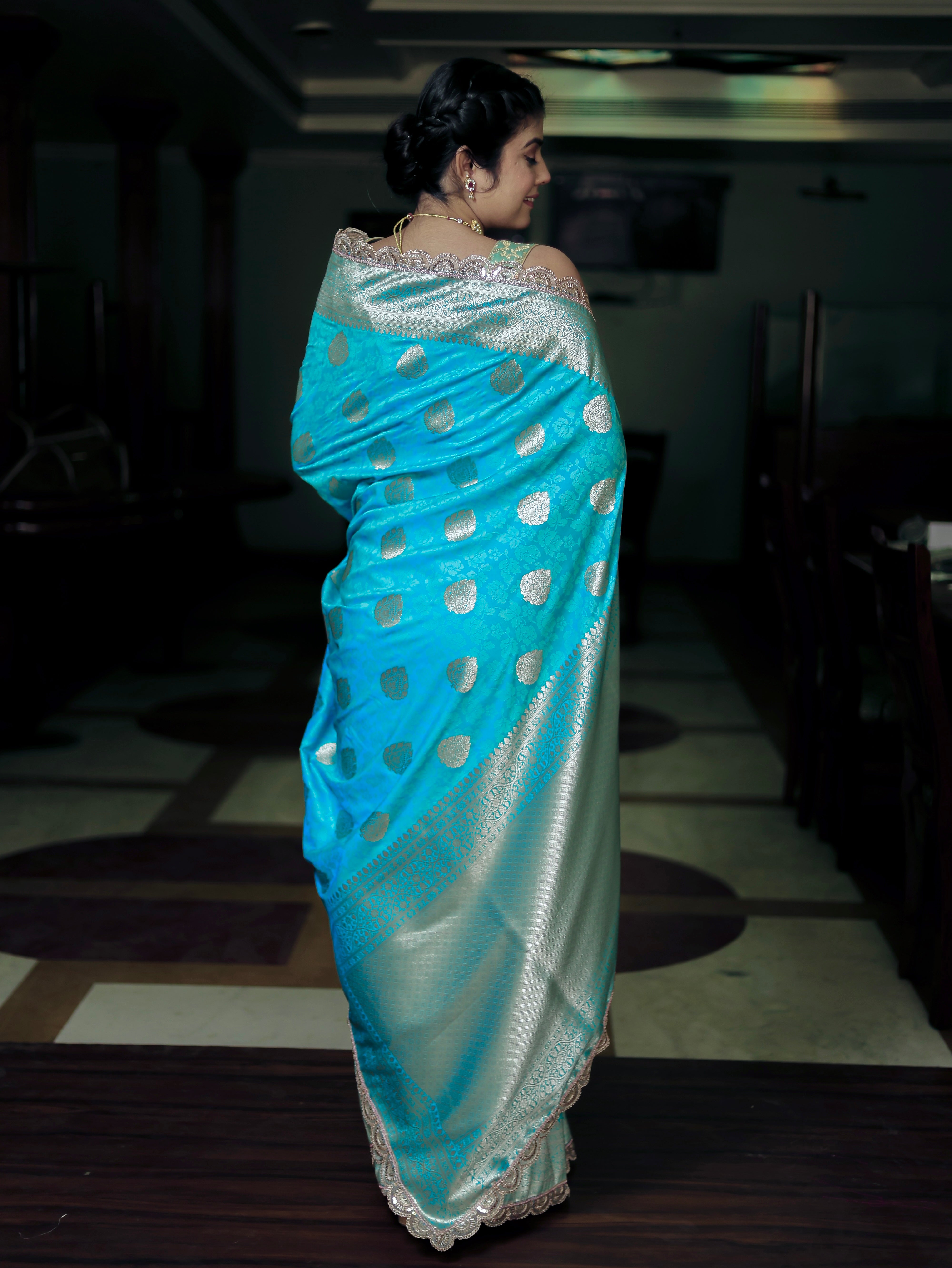 Blue Art Katan Silk Banarasi Saree with Zari Buta & Tanchoi Lace Border