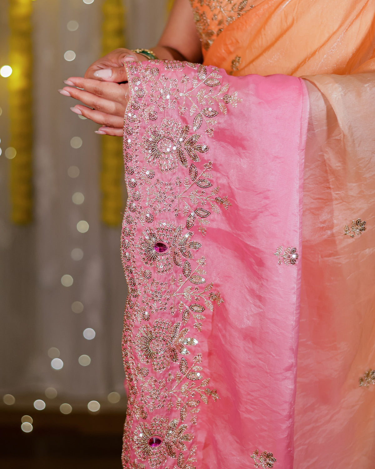 Tissue Dual Shade Sequin Saree With Scallop Border- Pink