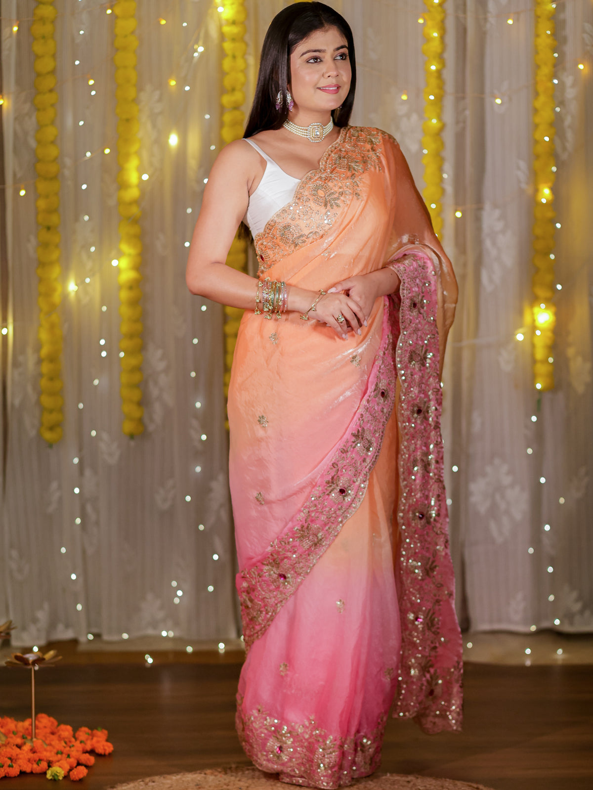 Tissue Dual Shade Sequin Saree With Scallop Border- Pink