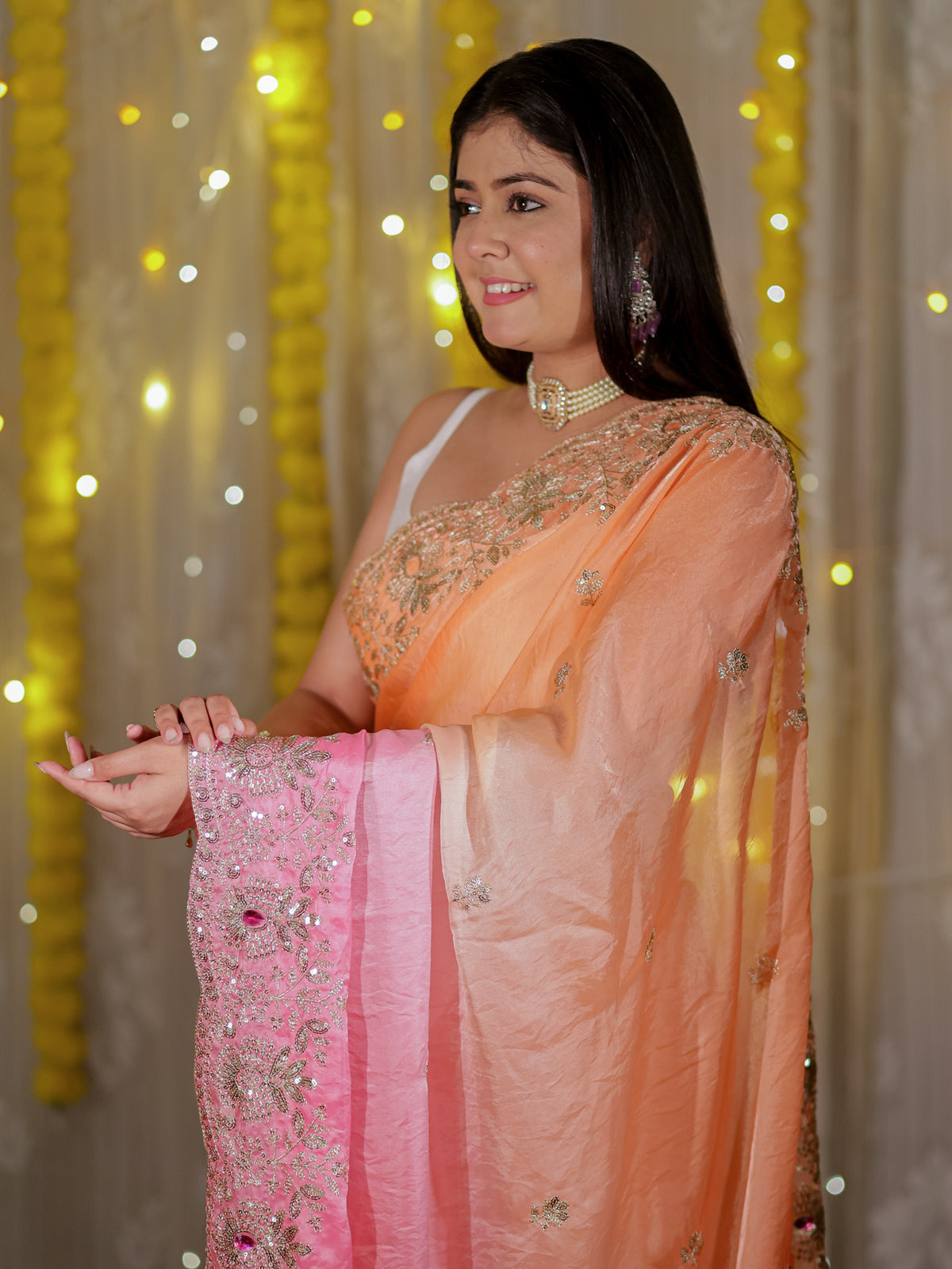 Tissue Dual Shade Sequin Saree With Scallop Border- Pink