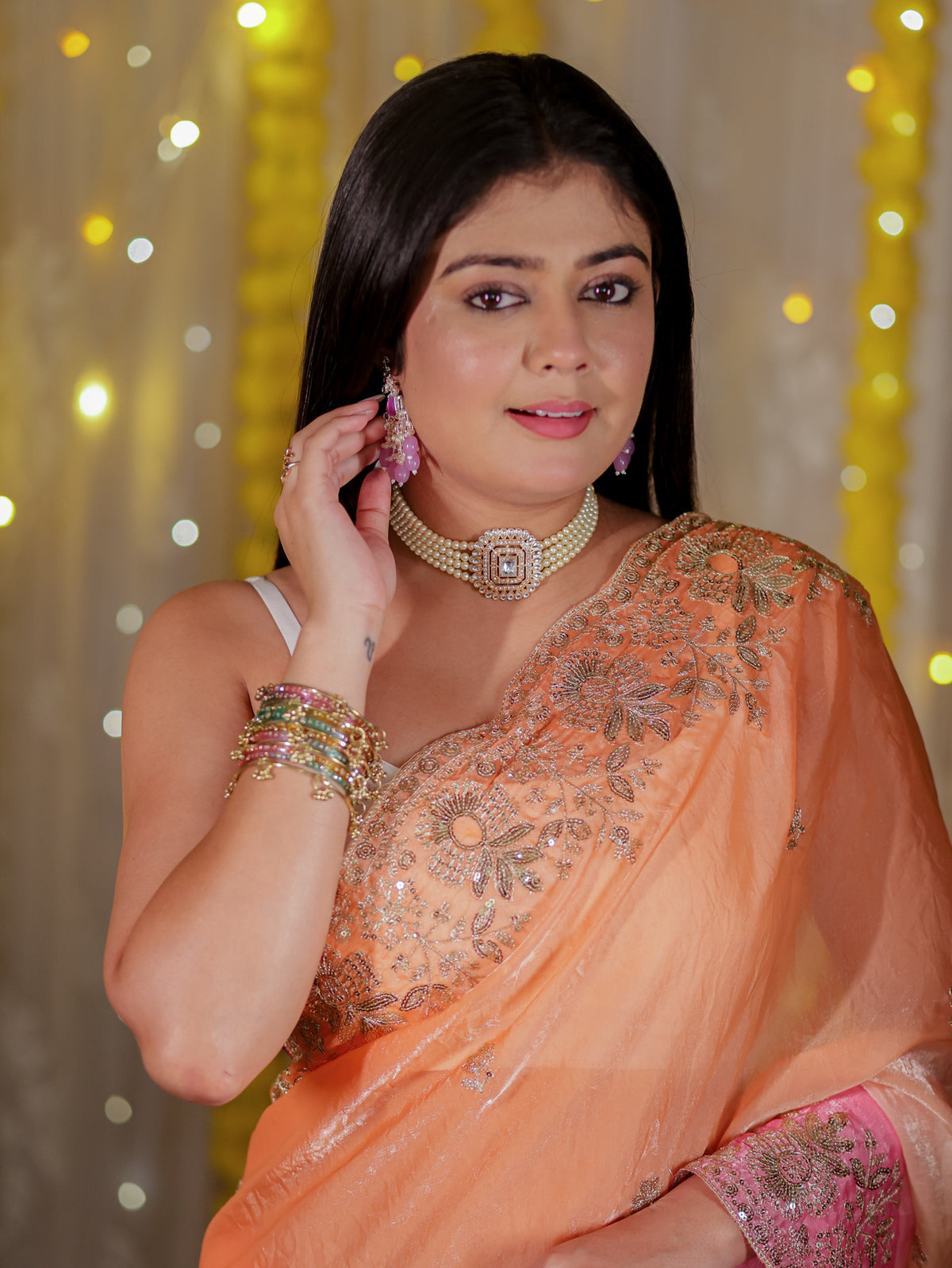 Tissue Dual Shade Sequin Saree With Scallop Border- Pink