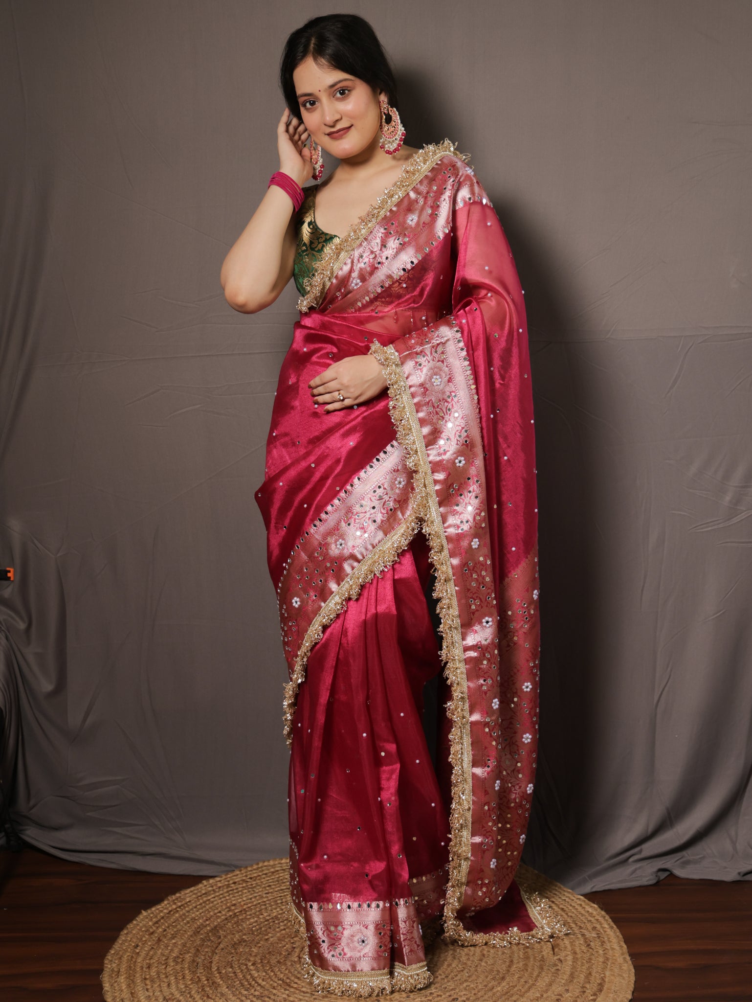 Banarasi Mirror Work Tissue Saree with Lace Border - Magenta