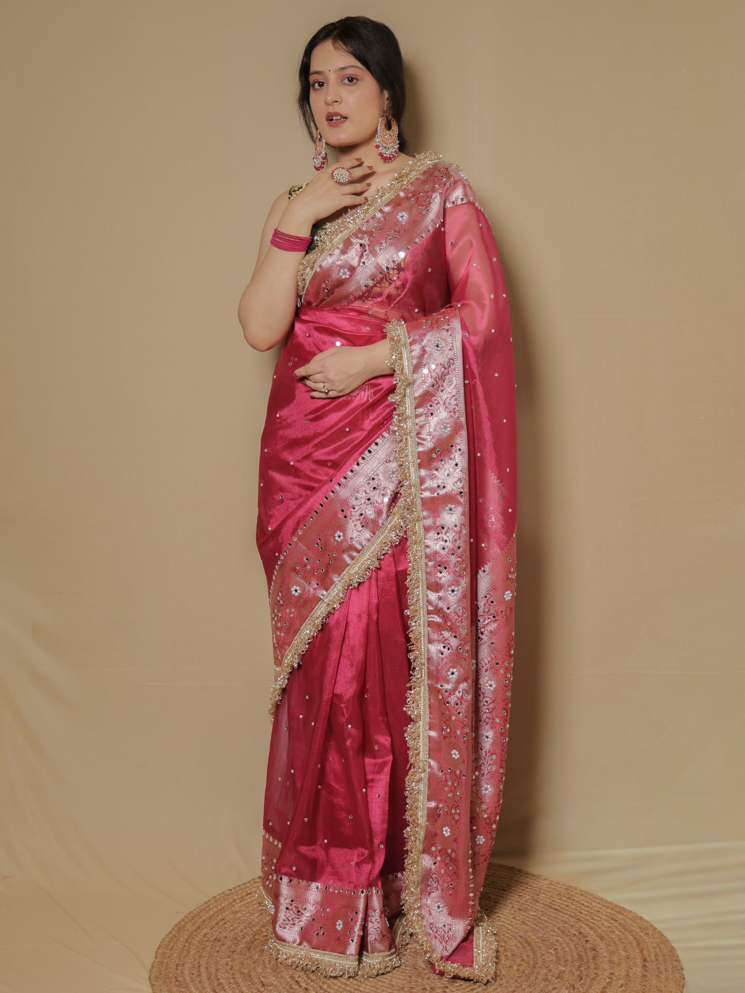 Banarasi Mirror Work Tissue Saree with Lace Border - Magenta