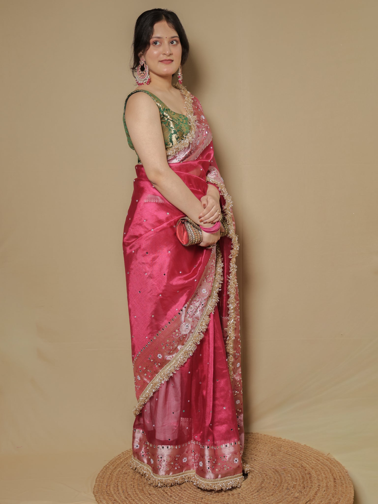 Banarasi Mirror Work Tissue Saree with Lace Border - Magenta
