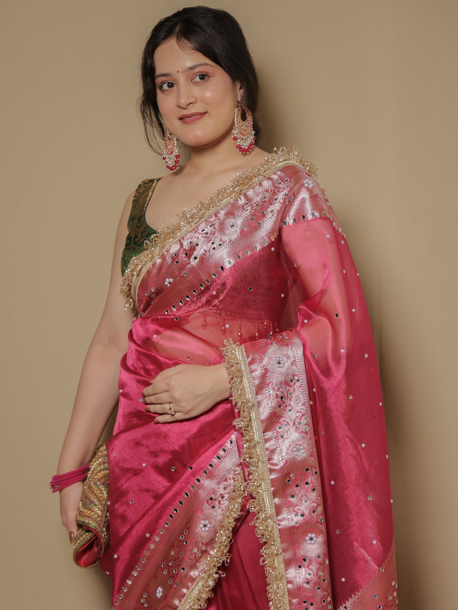 Banarasi Mirror Work Tissue Saree with Lace Border - Magenta