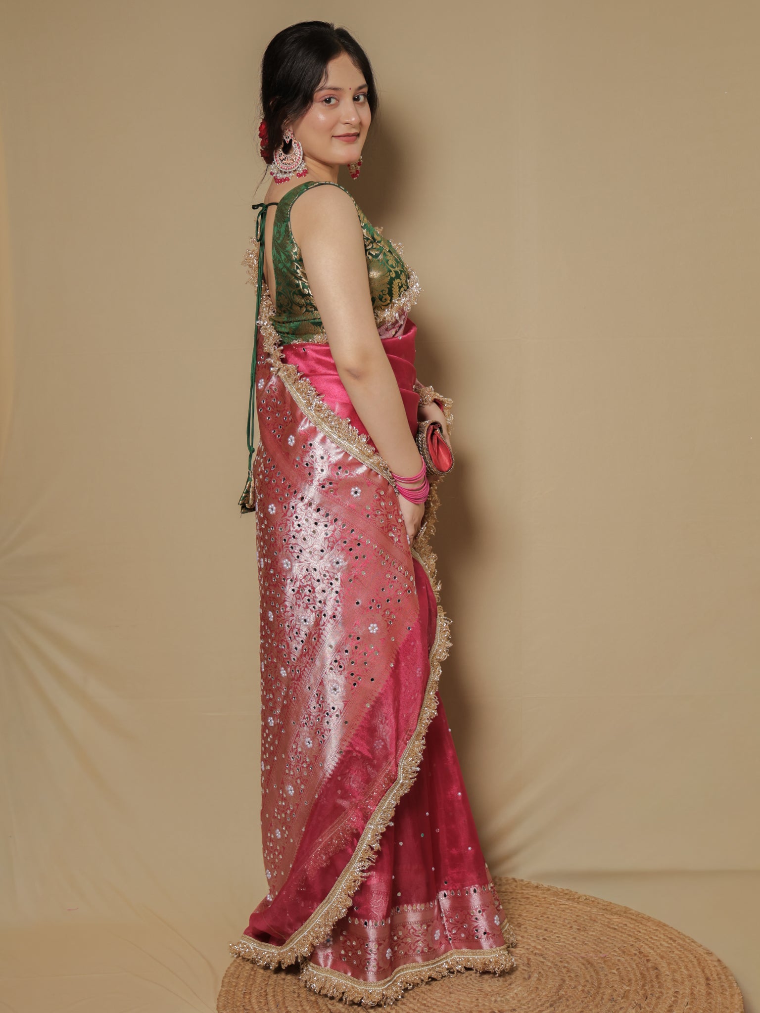 Banarasi Mirror Work Tissue Saree with Lace Border - Magenta