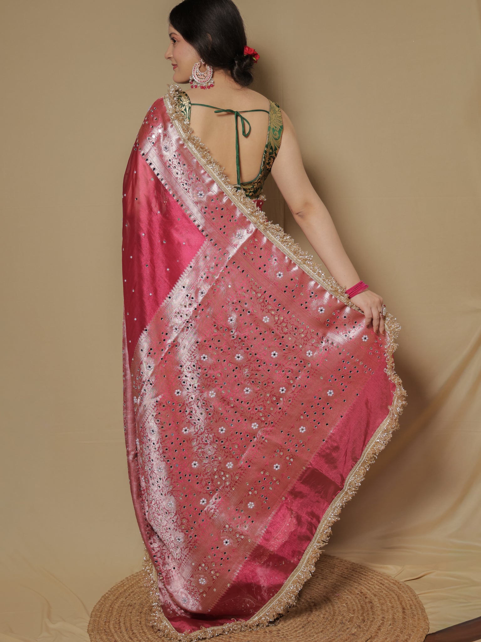 Banarasi Mirror Work Tissue Saree with Lace Border - Magenta