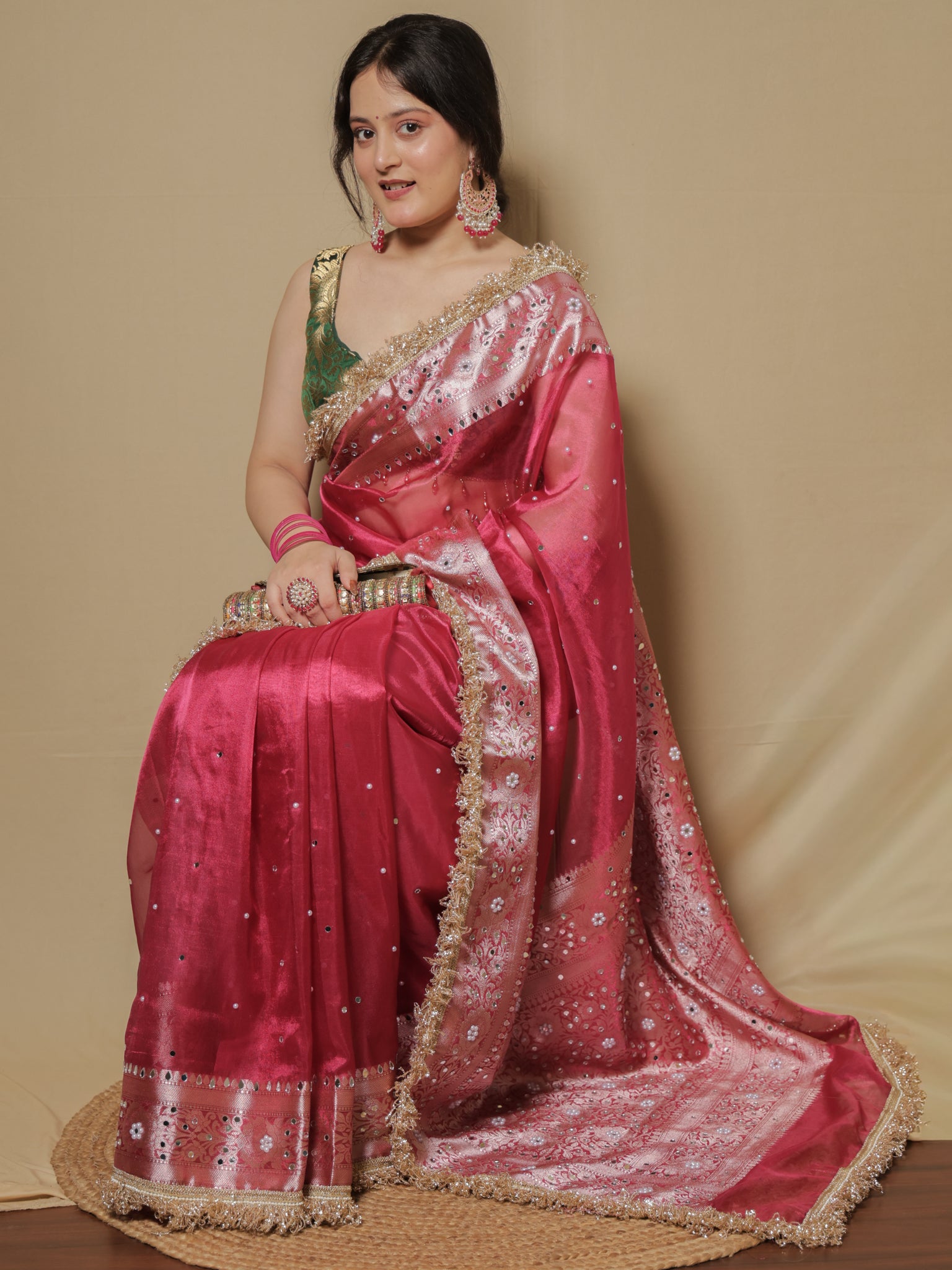 Banarasi Mirror Work Tissue Saree with Lace Border - Magenta