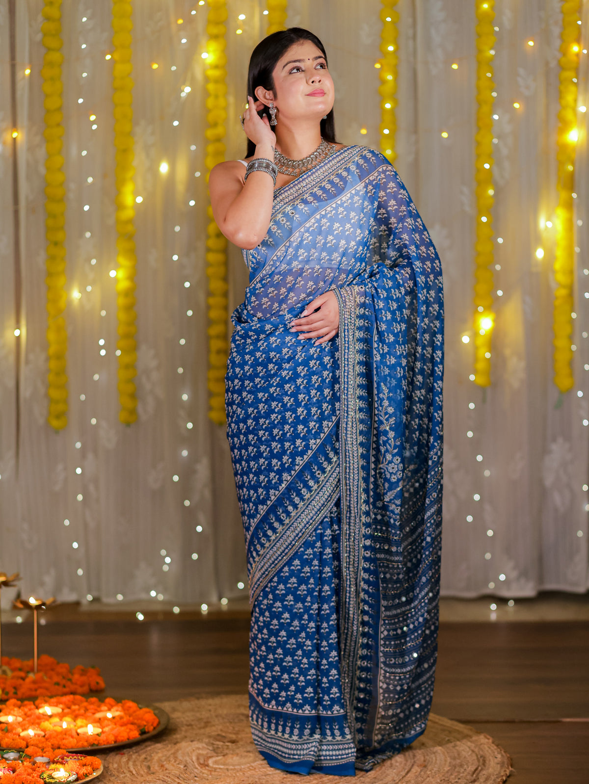 Mirror Work Chiffon Saree- Blue