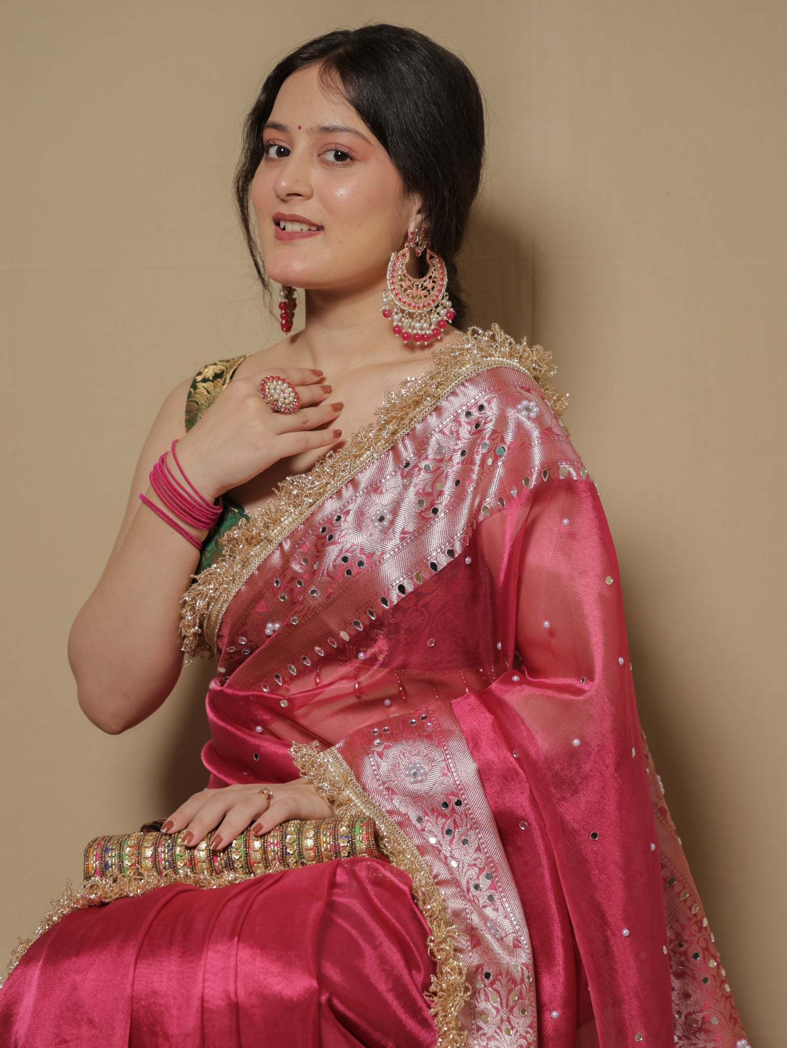 Banarasi Mirror Work Tissue Saree with Lace Border - Magenta