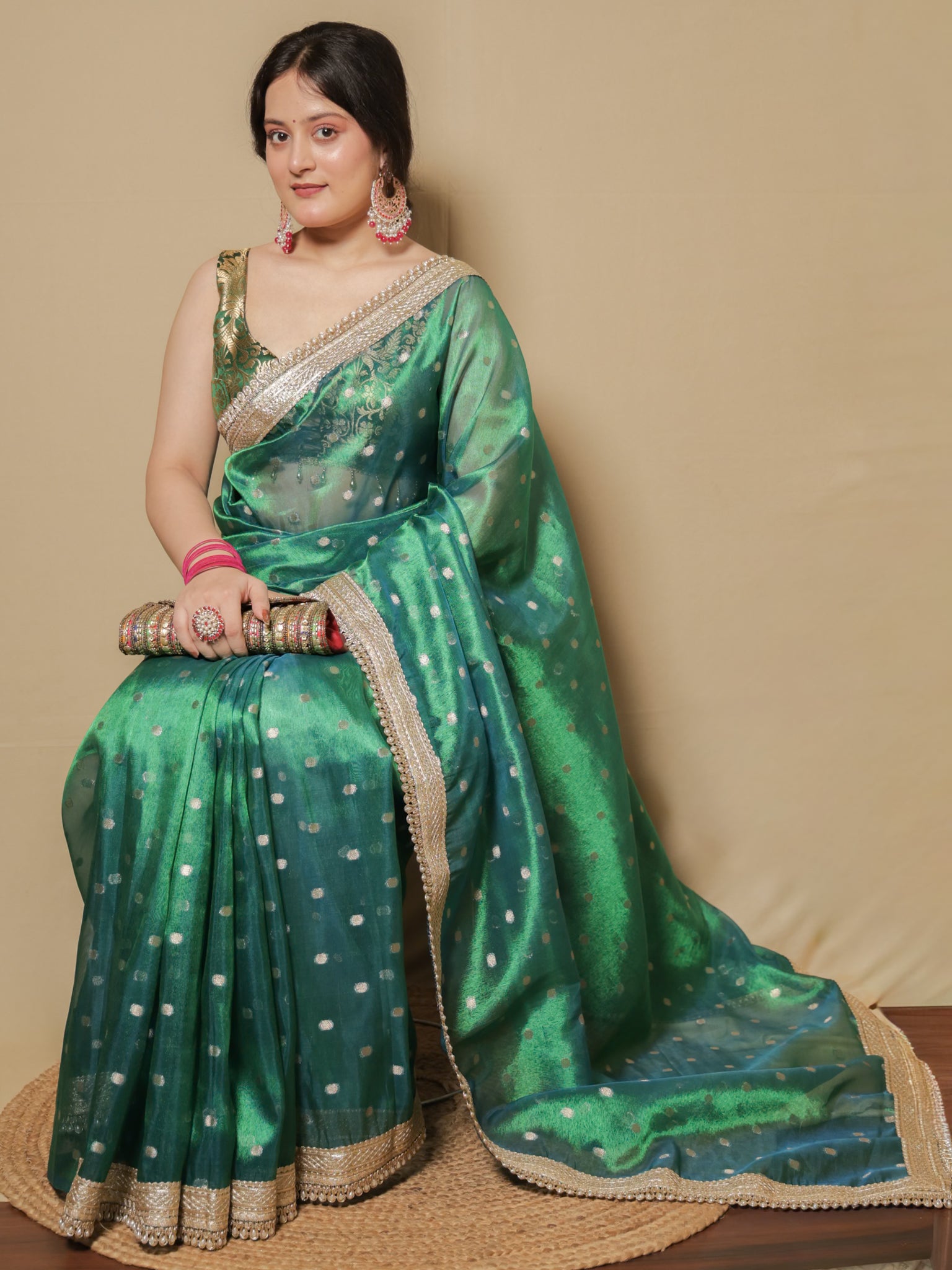Banarasi Tissue Saree With Zari Weaving & Lace Border - Green