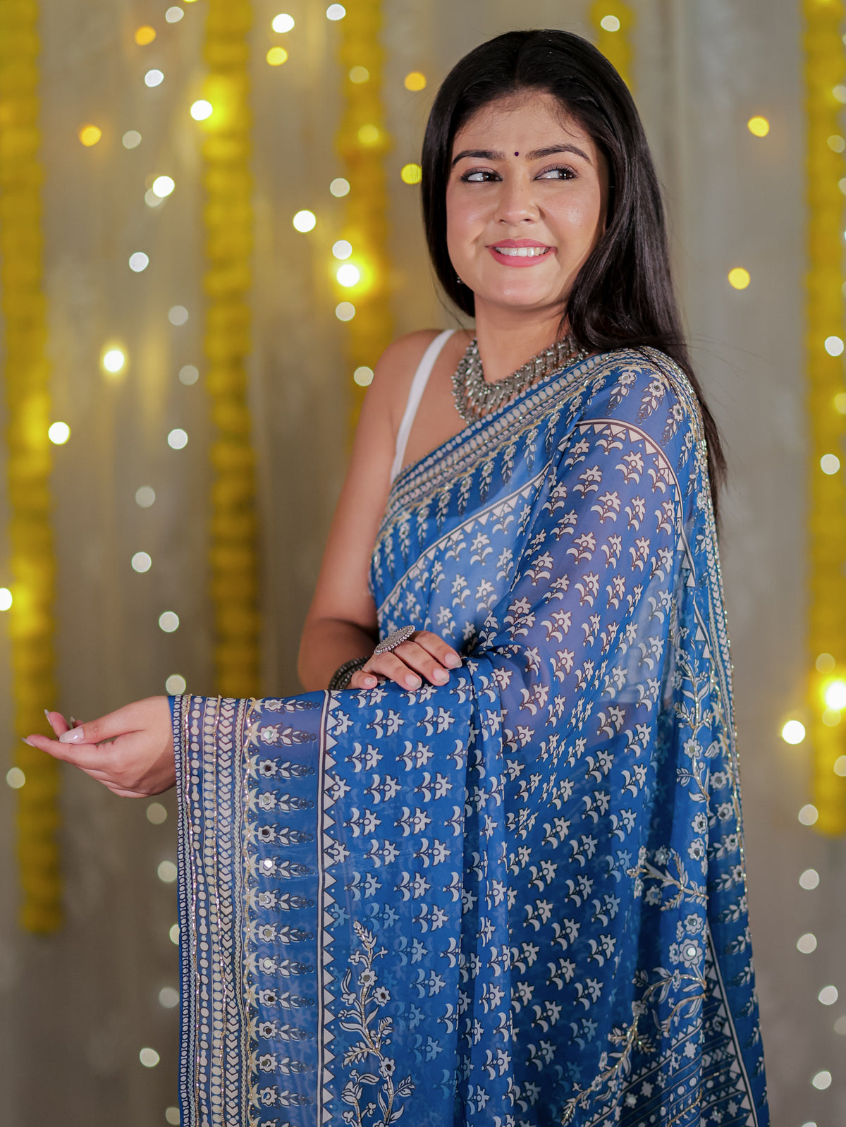 Mirror Work Chiffon Saree- Blue