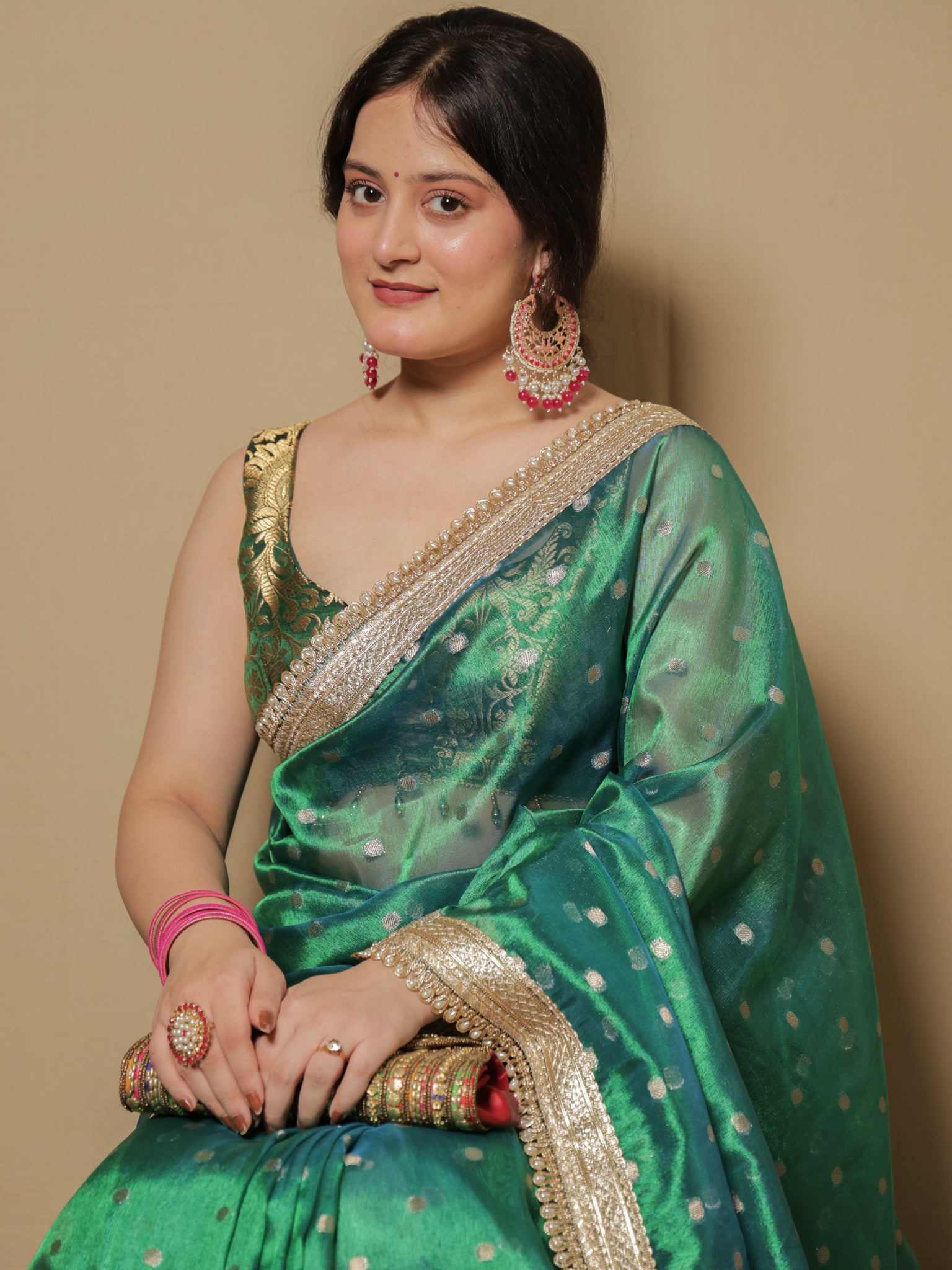Banarasi Tissue Saree With Zari Weaving & Lace Border - Green