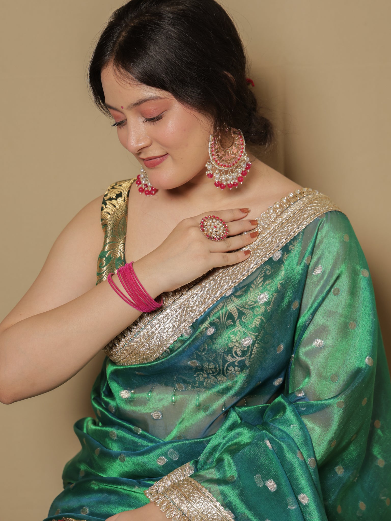 Banarasi Tissue Saree With Zari Weaving & Lace Border - Green