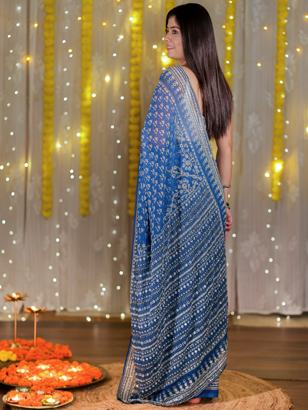 Mirror Work Chiffon Saree- Blue