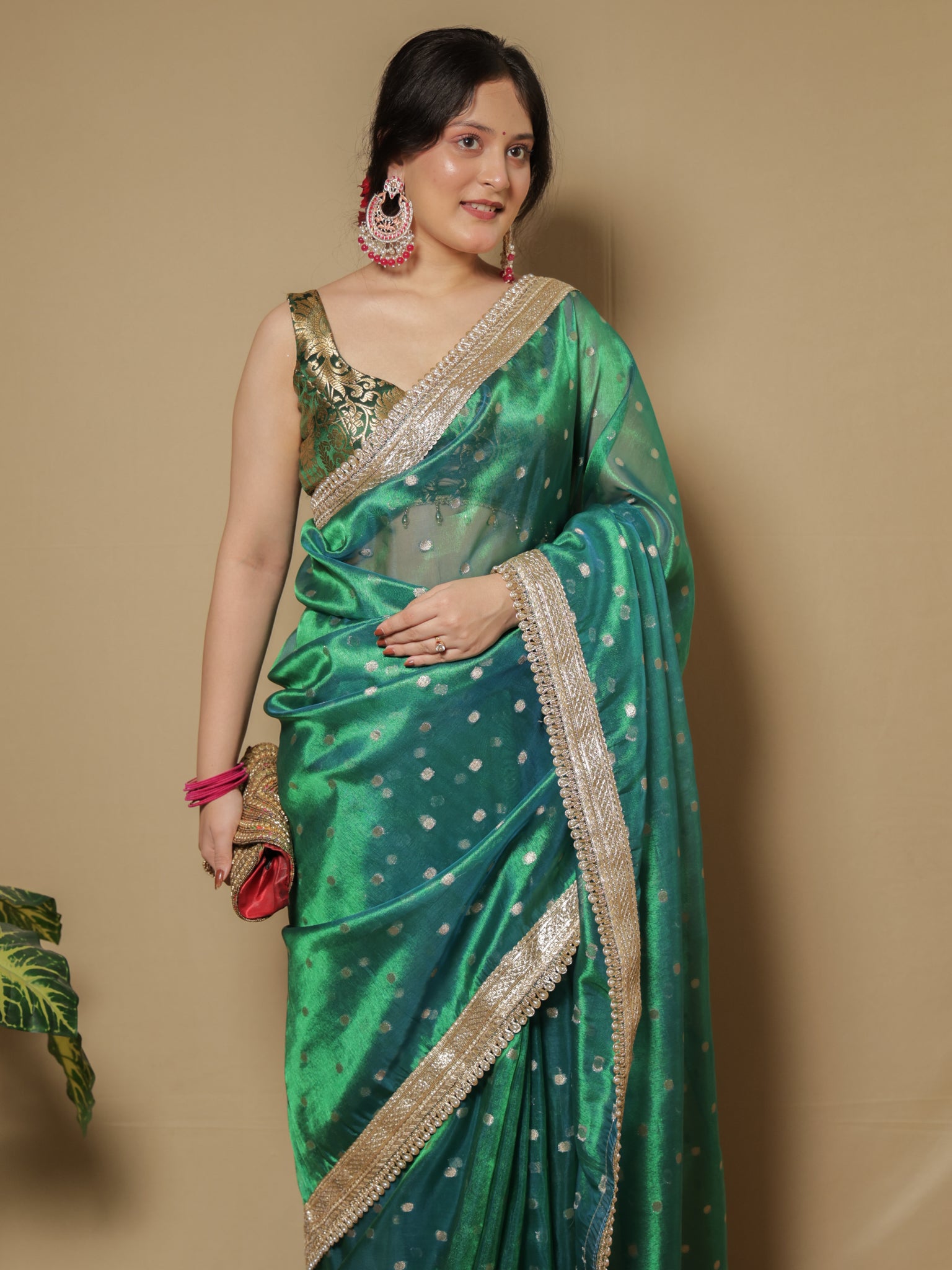 Banarasi Tissue Saree With Zari Weaving & Lace Border - Green