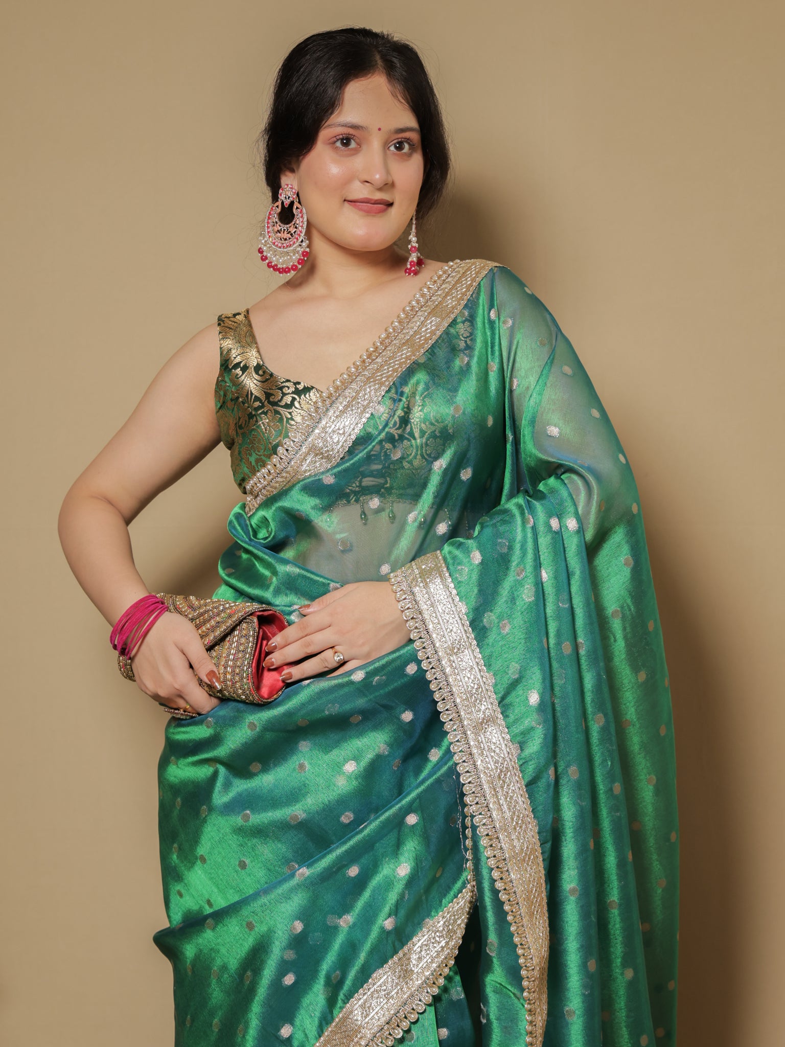 Banarasi Tissue Saree With Zari Weaving & Lace Border - Green