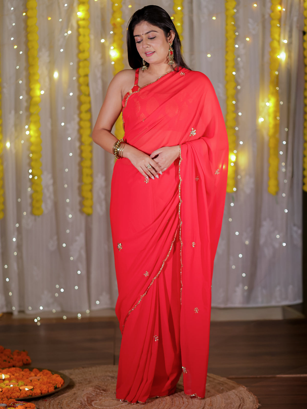 Semi Chiffon Saree with Border - Red