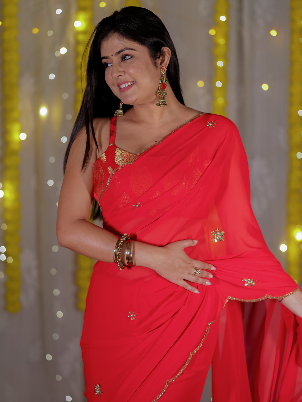 Semi Chiffon Saree with Border - Red