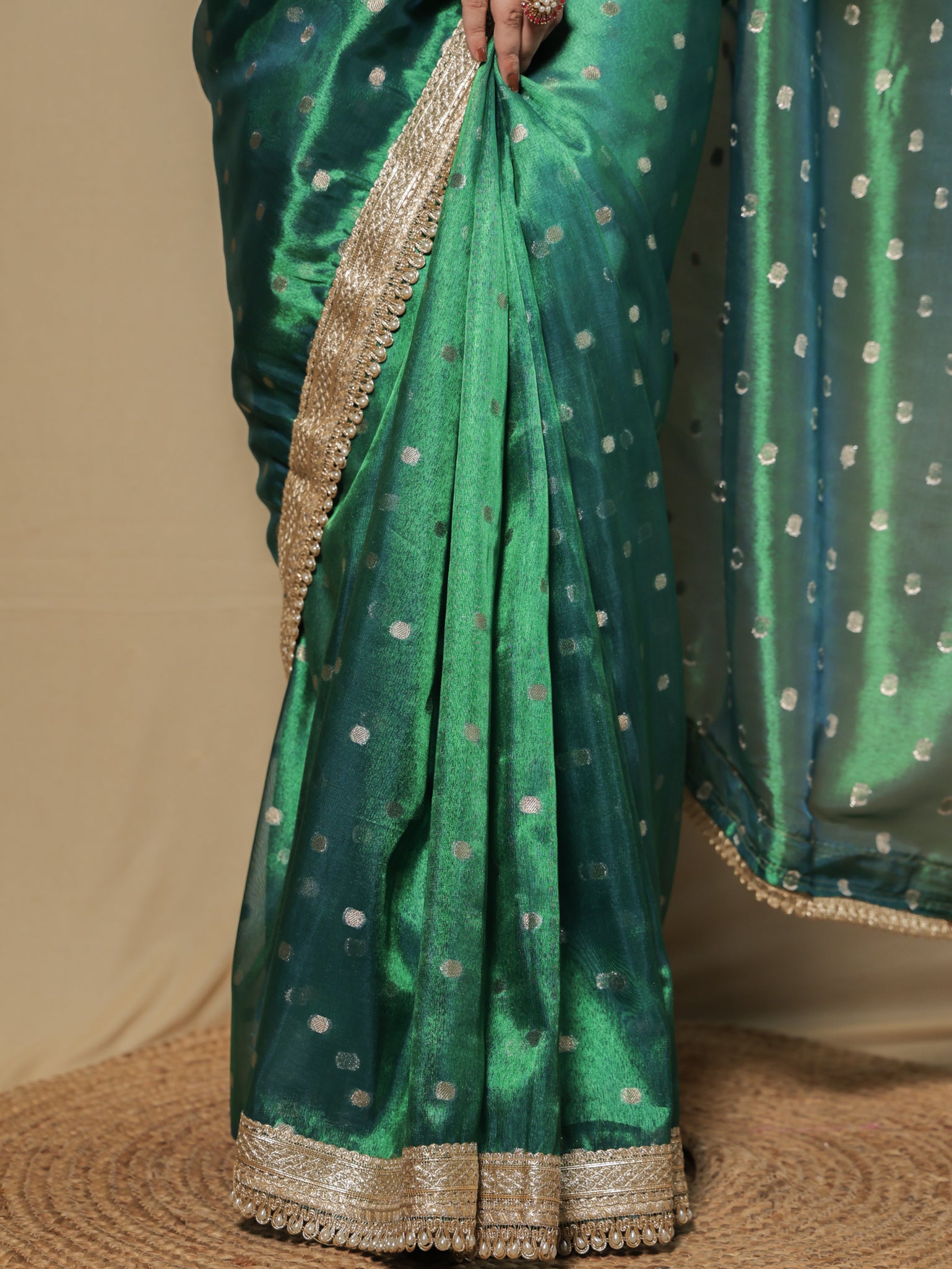 Banarasi Tissue Saree With Zari Weaving & Lace Border - Green