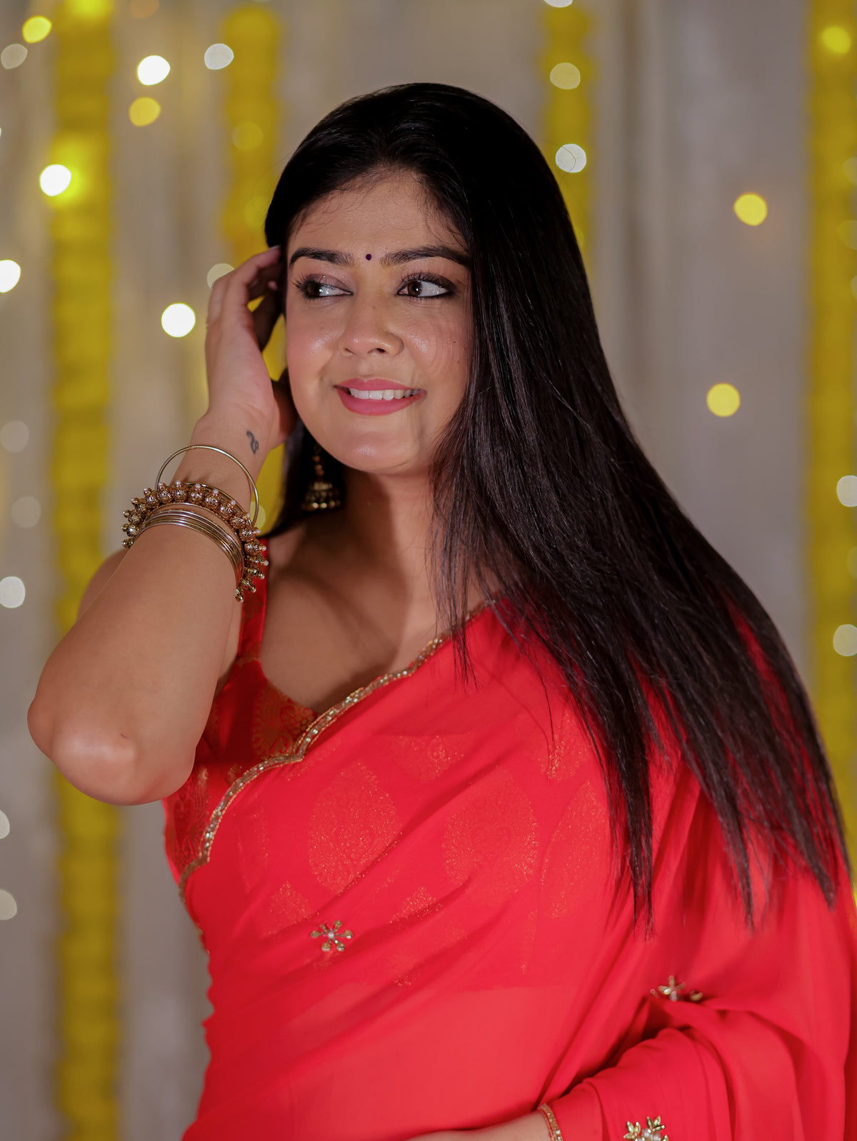 Semi Chiffon Saree with Border - Red