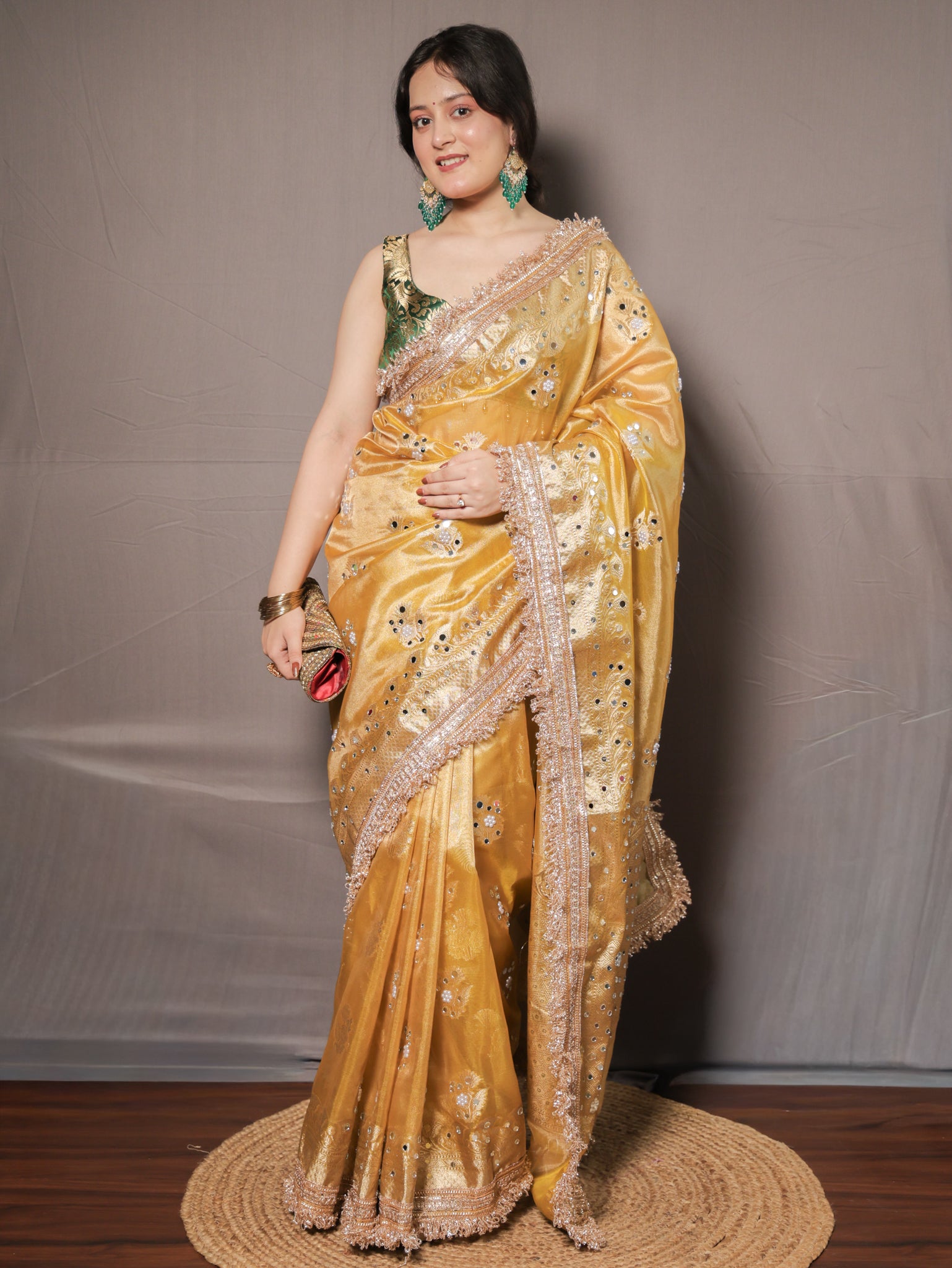 Banarasi Mirror Work Tissue Saree with Lace Border - Yellow