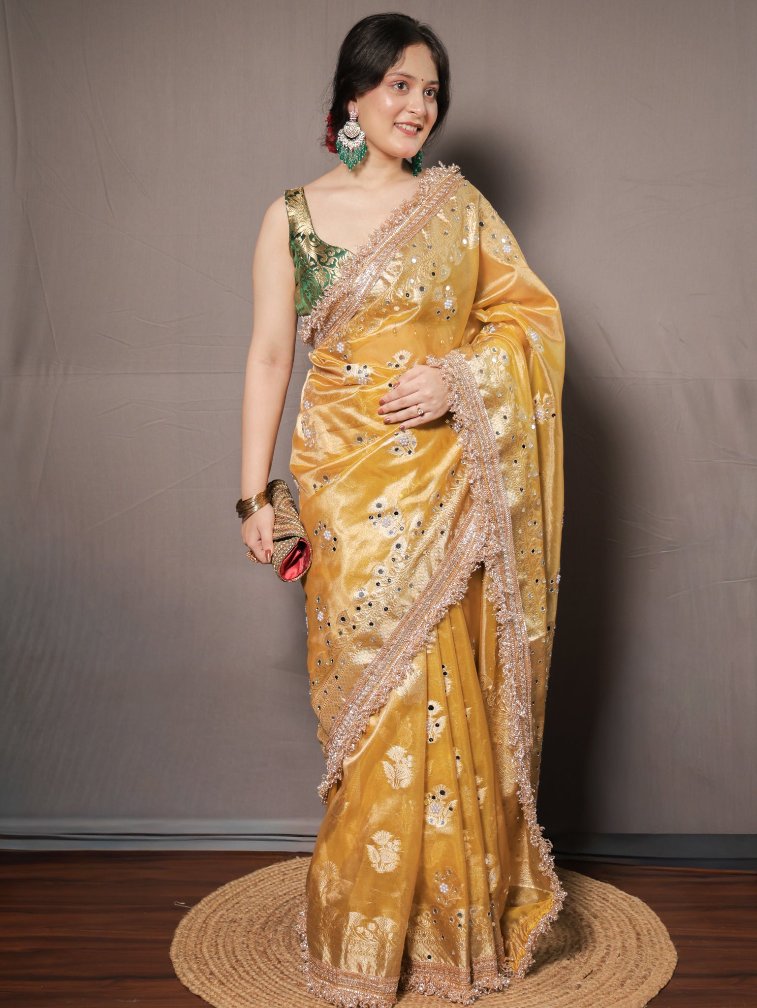 Banarasi Mirror Work Tissue Saree with Lace Border - Yellow
