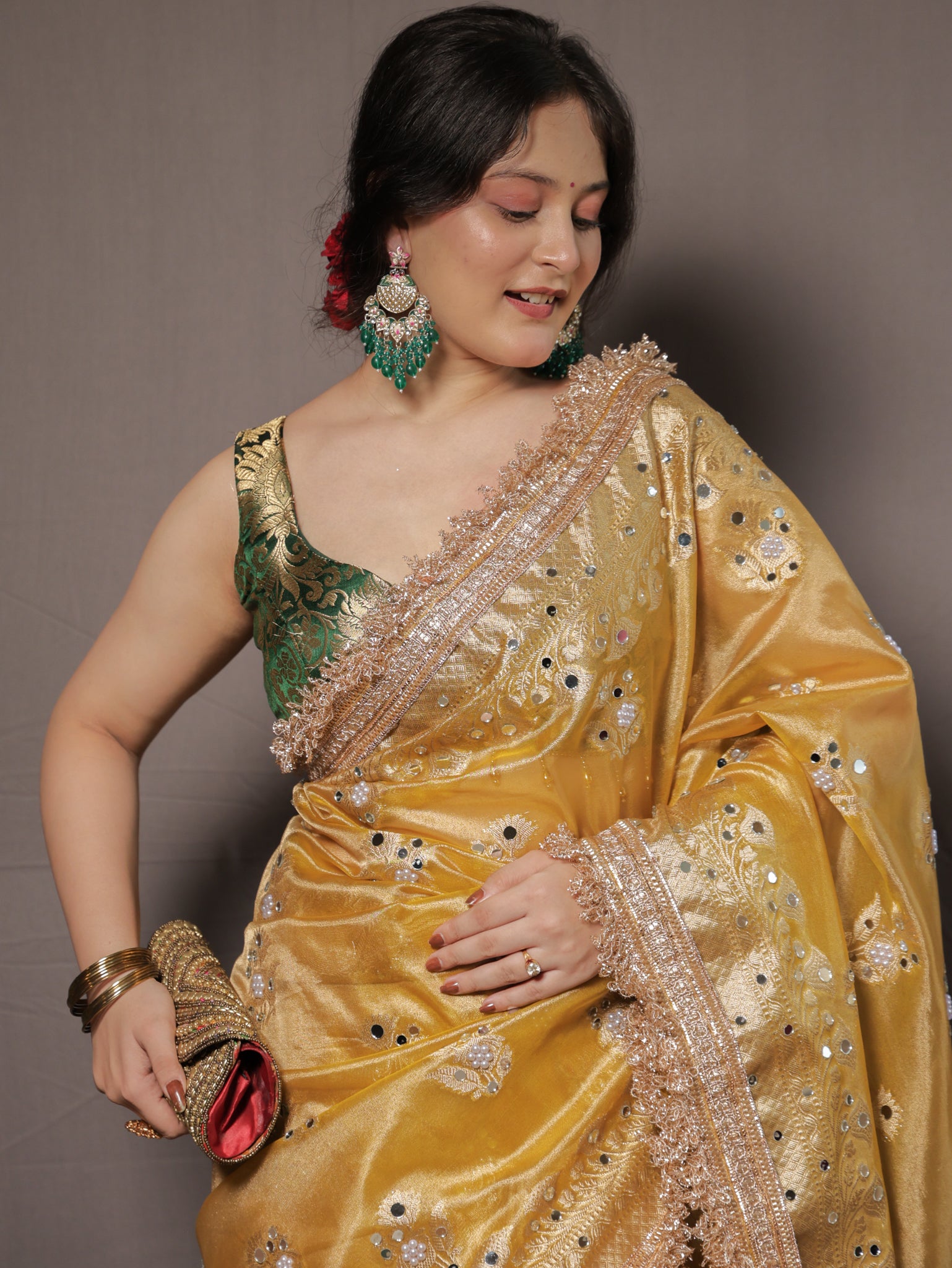 Banarasi Mirror Work Tissue Saree with Lace Border - Yellow