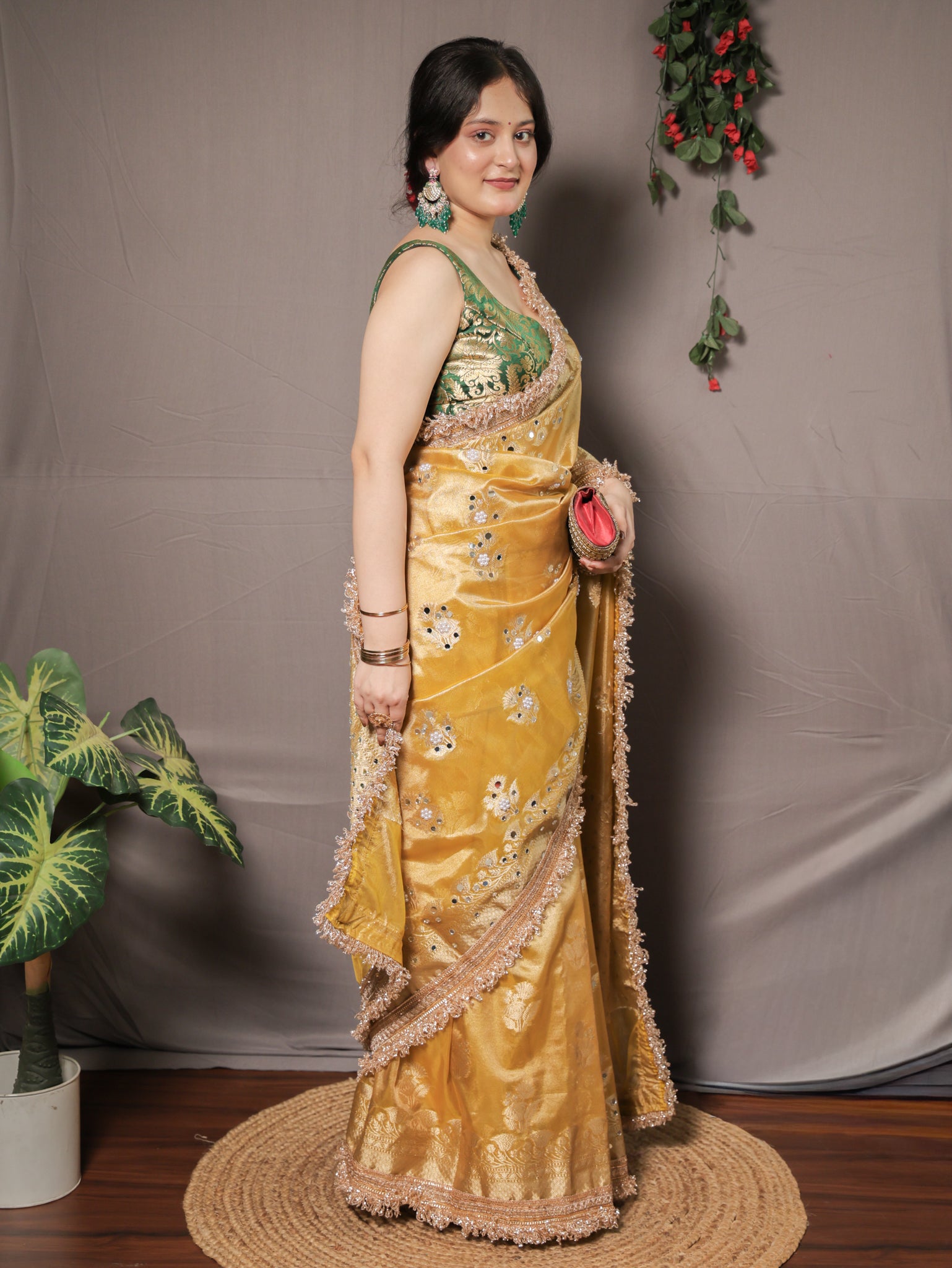 Banarasi Mirror Work Tissue Saree with Lace Border - Yellow