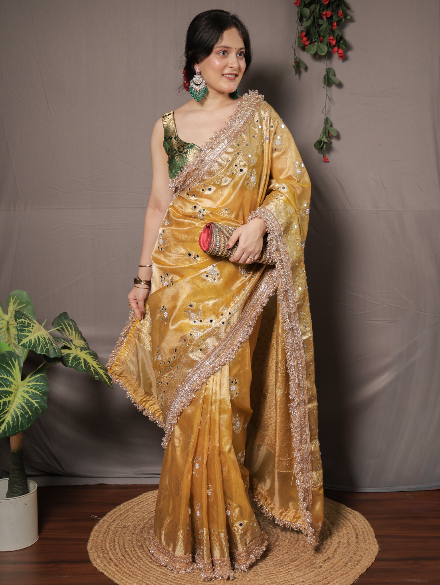 Banarasi Mirror Work Tissue Saree with Lace Border - Yellow