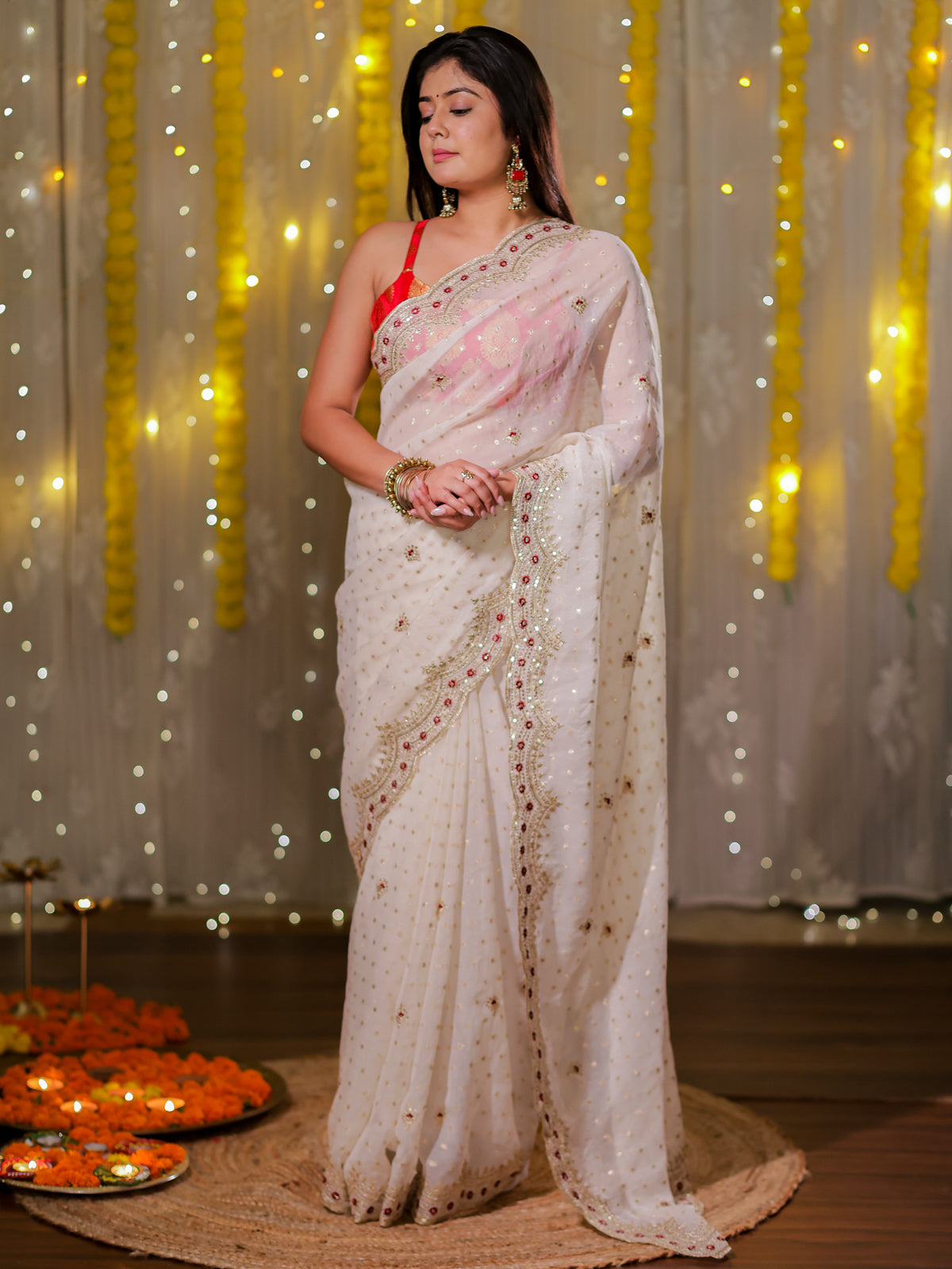 Tissue Sequin Saree With Scallop Border- White