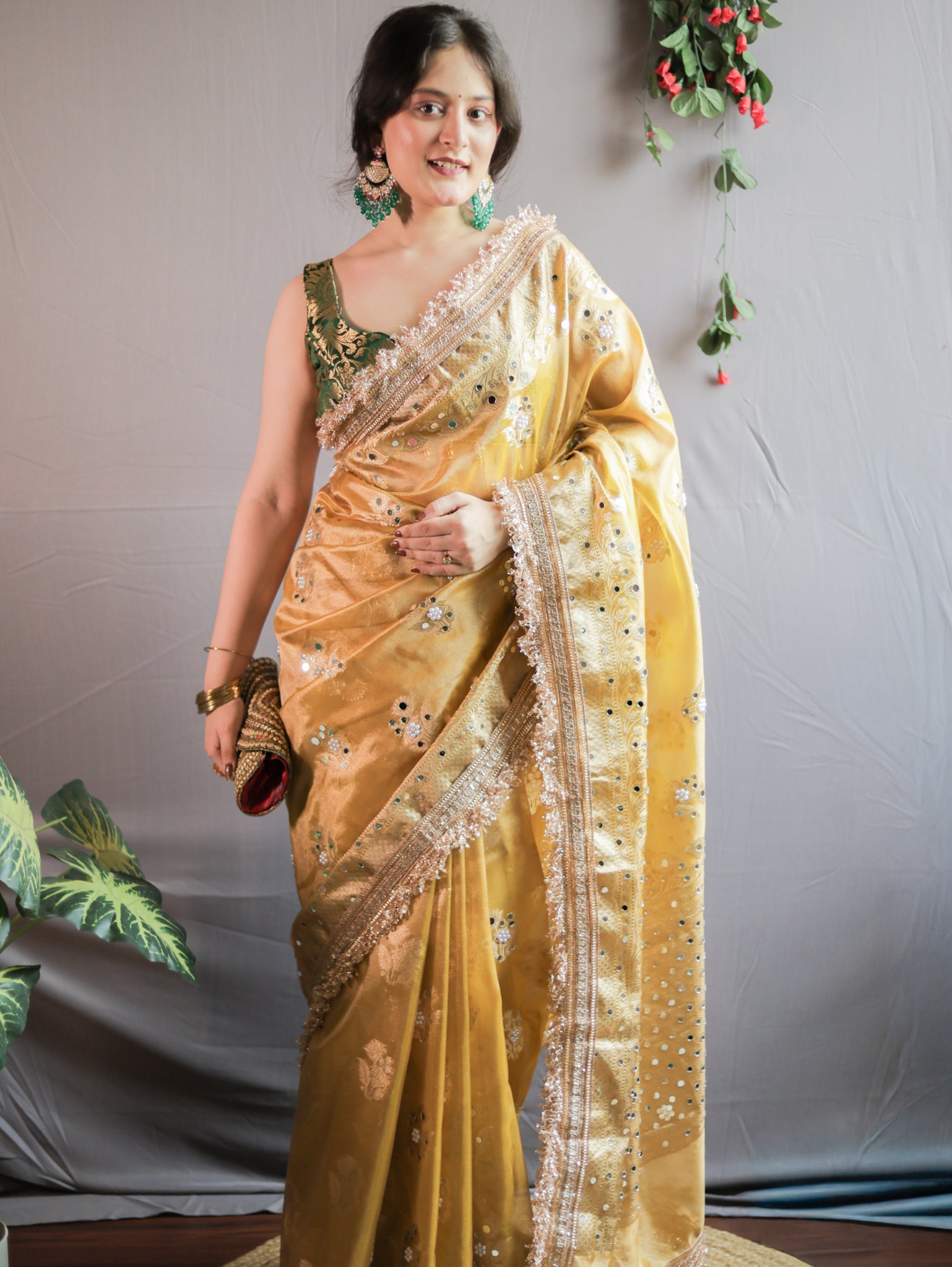 Banarasi Mirror Work Tissue Saree with Lace Border - Yellow
